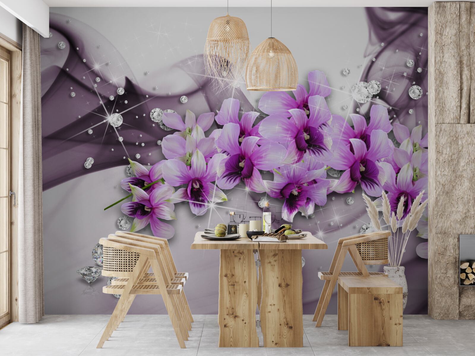 Papier peint zircons et fleurs violettes