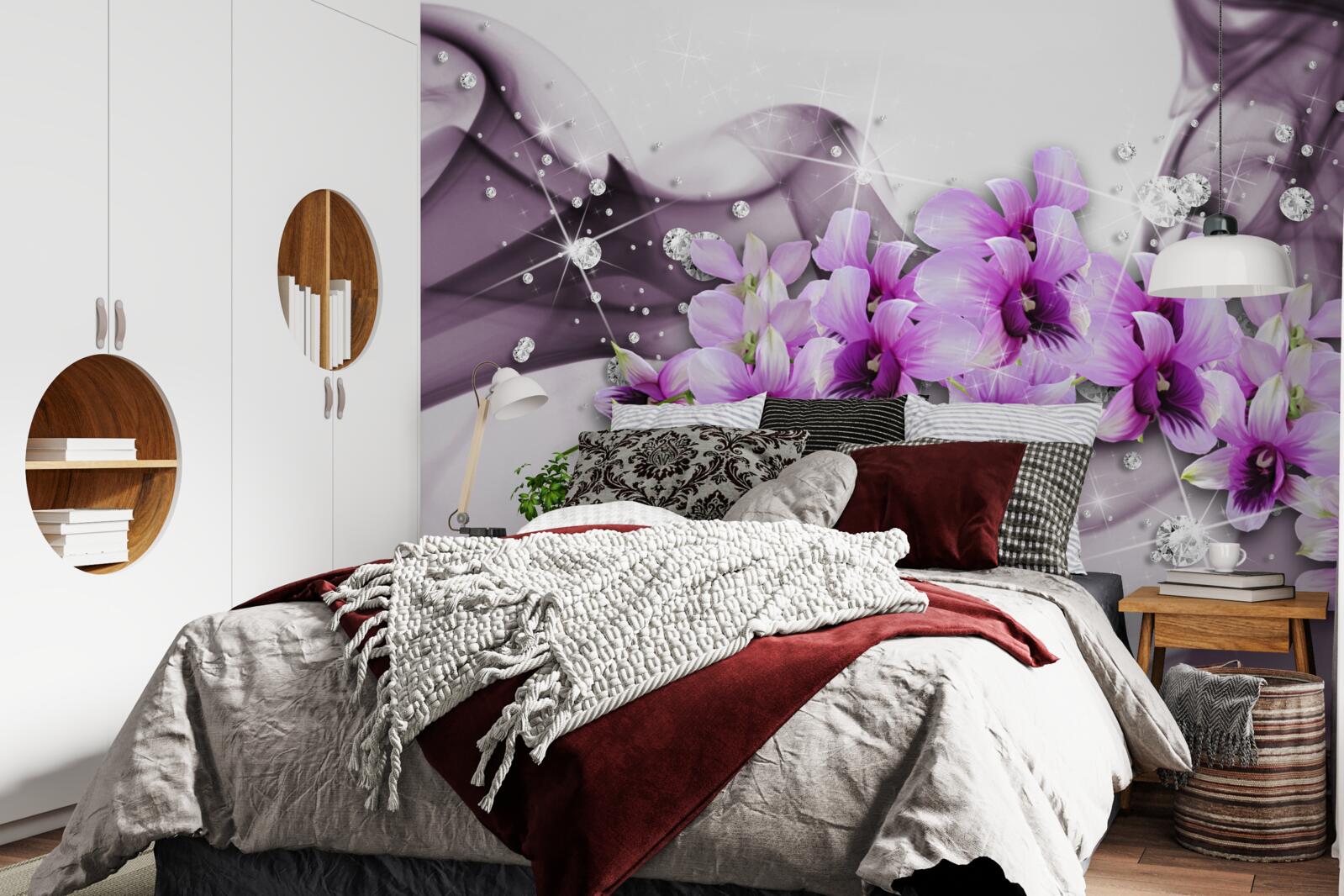 Papier peint zircons et fleurs violettes