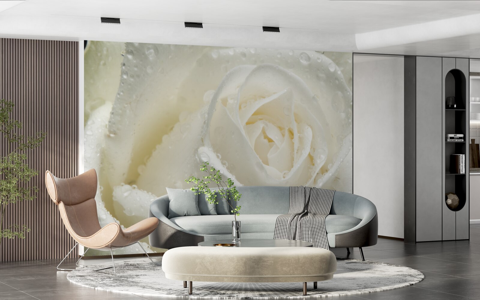 Papier peint rose blanche couverte de rosée du matin