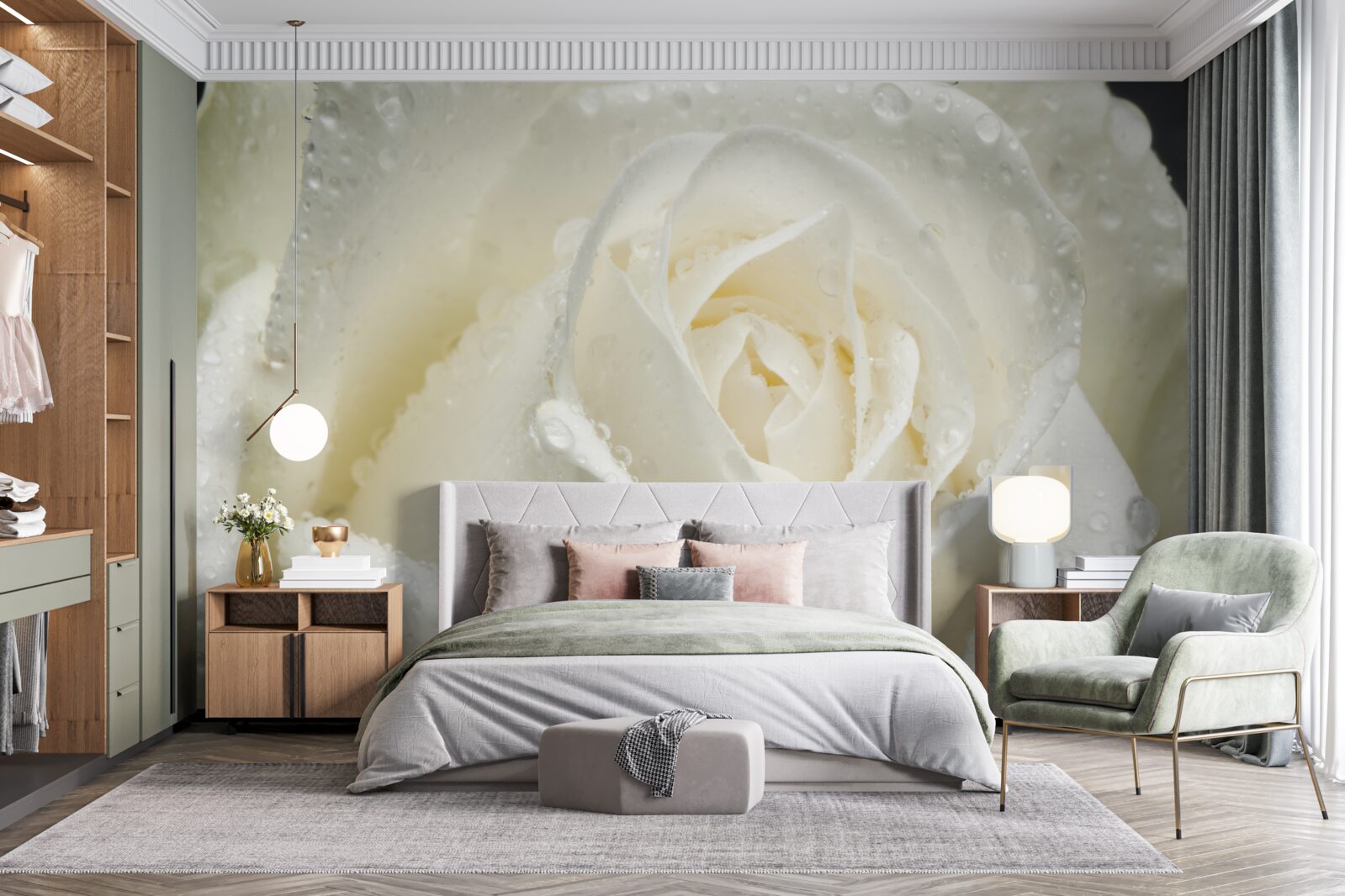 Papier peint rose blanche couverte de rosée du matin