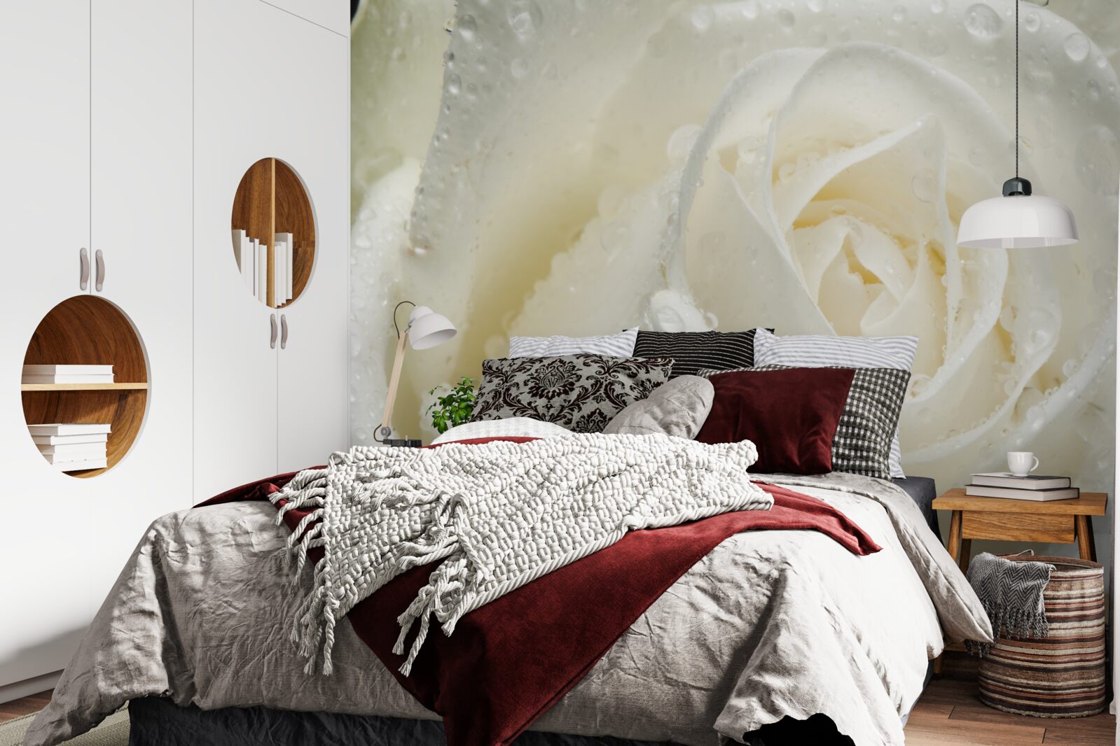 Papier peint rose blanche couverte de rosée du matin