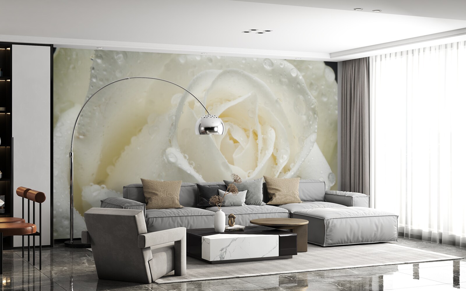 Papier peint rose blanche couverte de rosée du matin