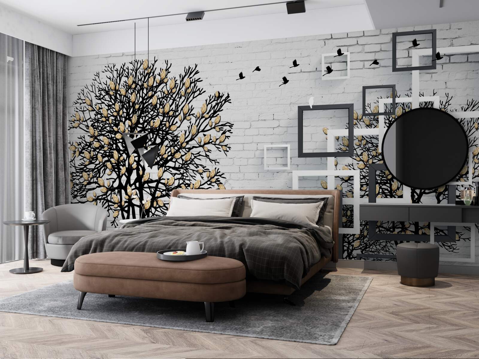 Papier peint les oiseaux s'éloignent d'un arbre qui a perdu ses feuilles