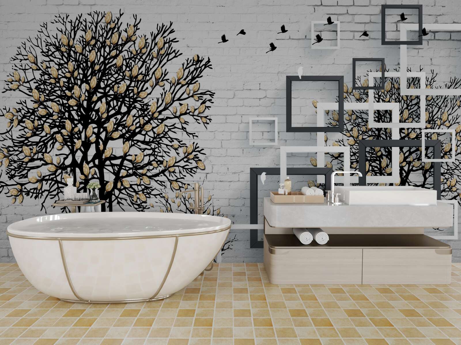 Papier peint les oiseaux s'éloignent d'un arbre qui a perdu ses feuilles