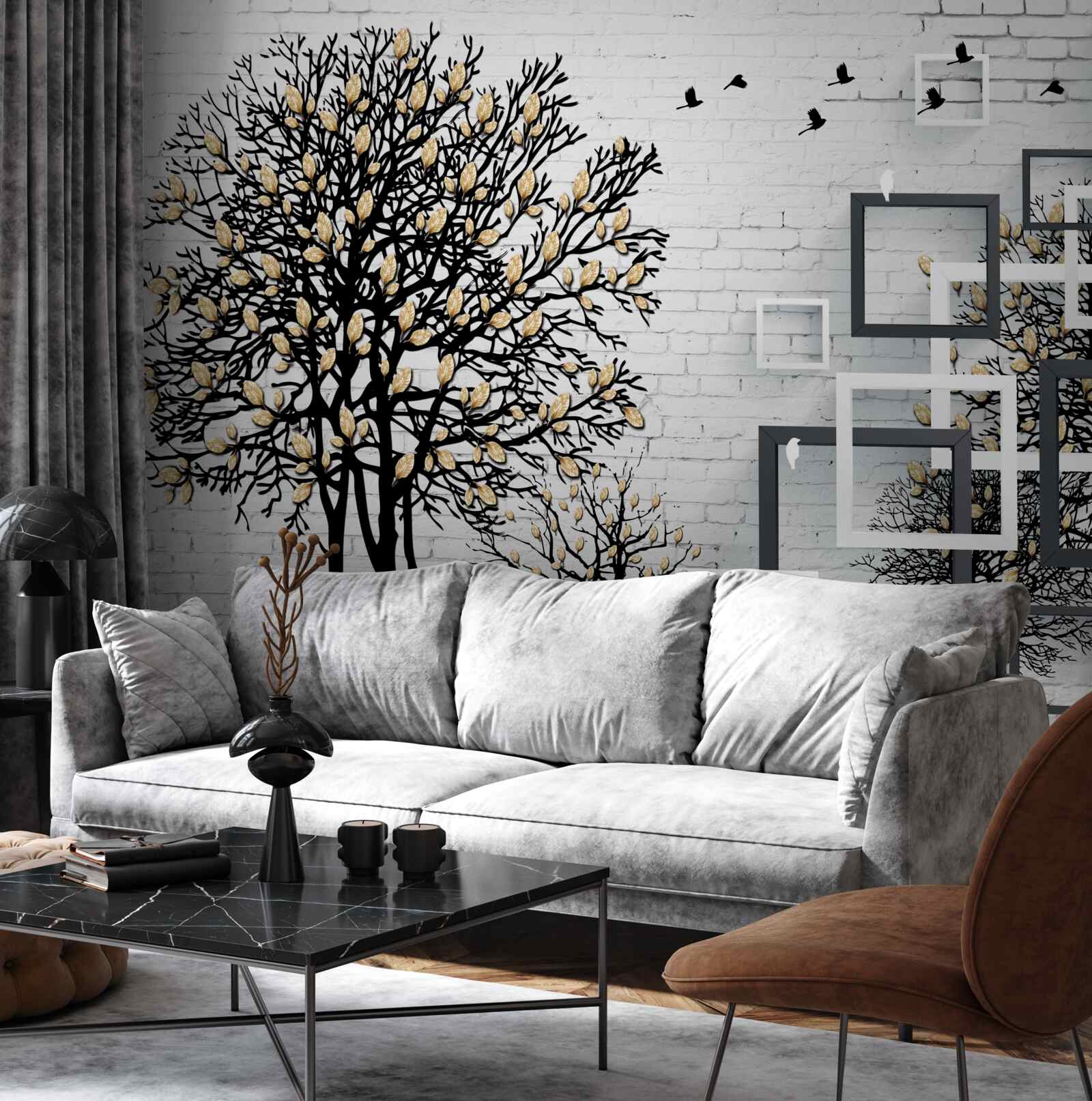 Papier peint les oiseaux s'éloignent d'un arbre qui a perdu ses feuilles