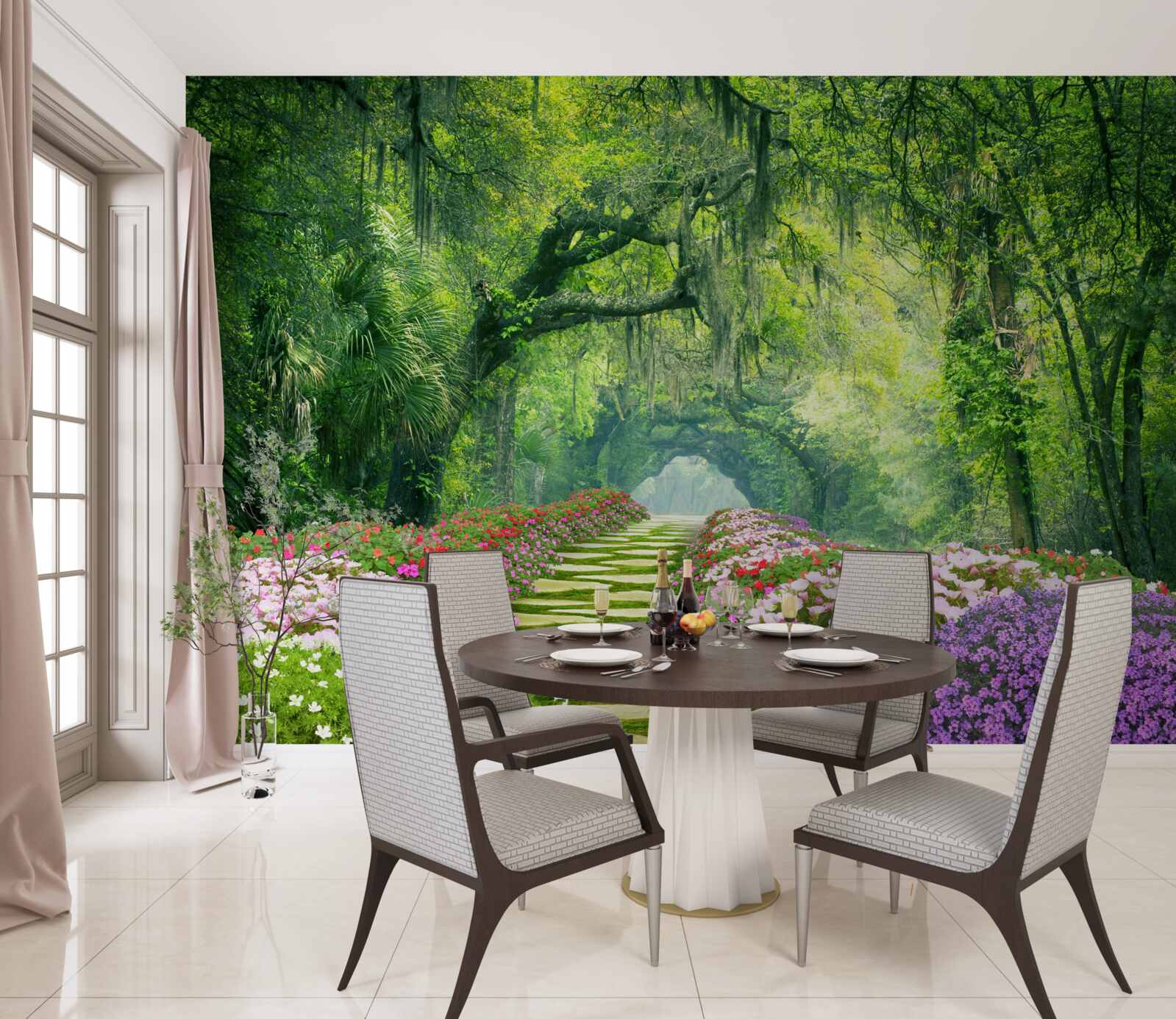 Papier peint Un sentier entouré de fleurs qui mène à un bosquet verdoyant.