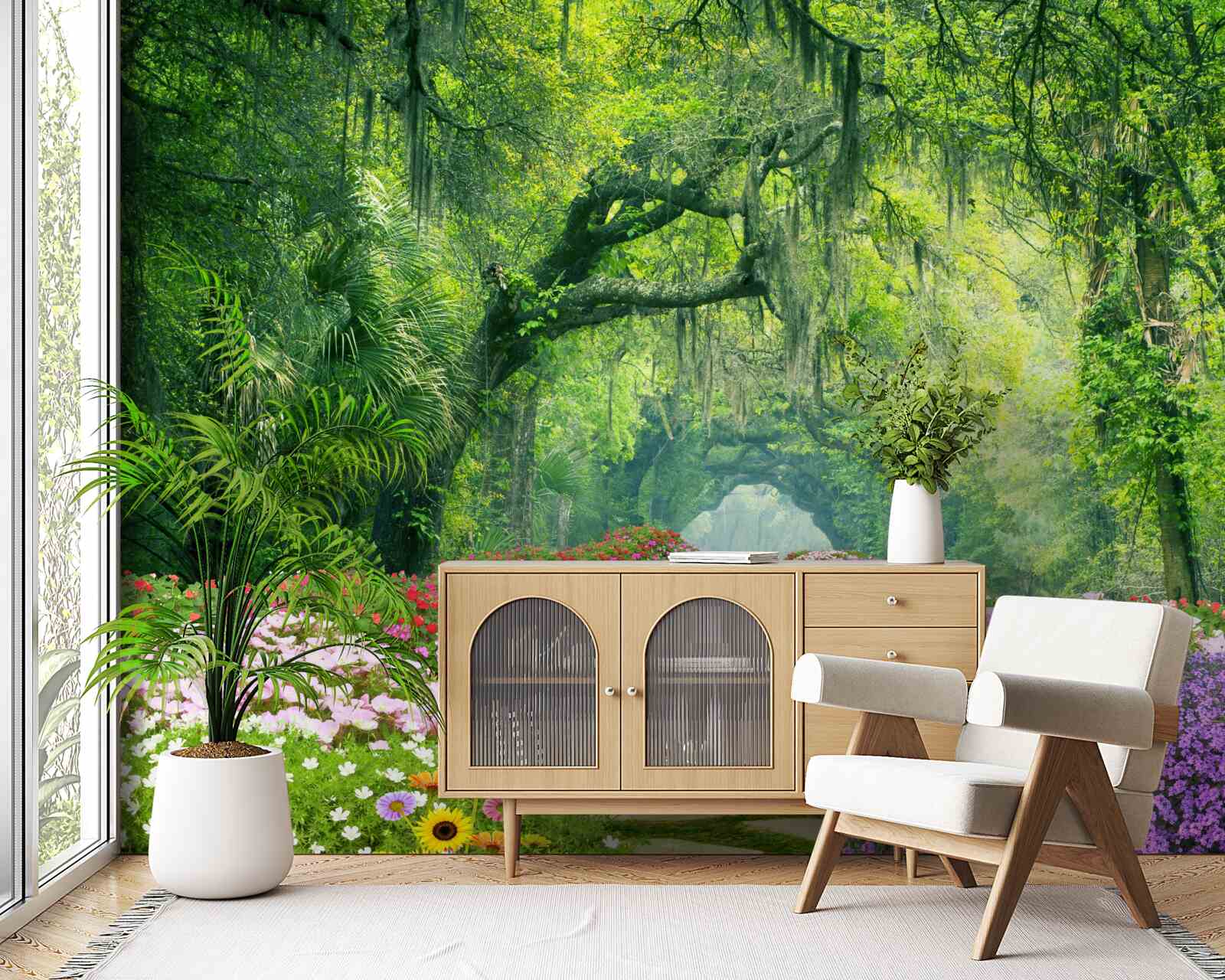 Papier peint Un sentier entouré de fleurs qui mène à un bosquet verdoyant.