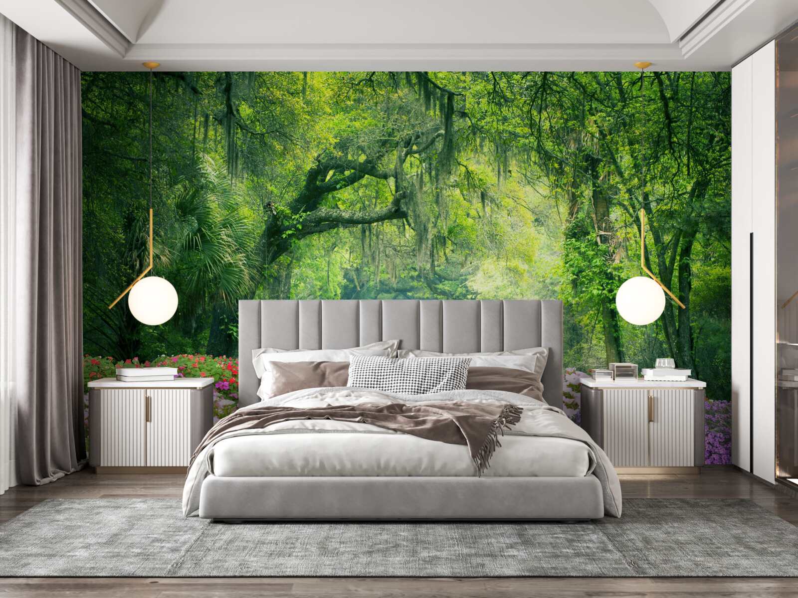 Papier peint Un sentier entouré de fleurs qui mène à un bosquet verdoyant.