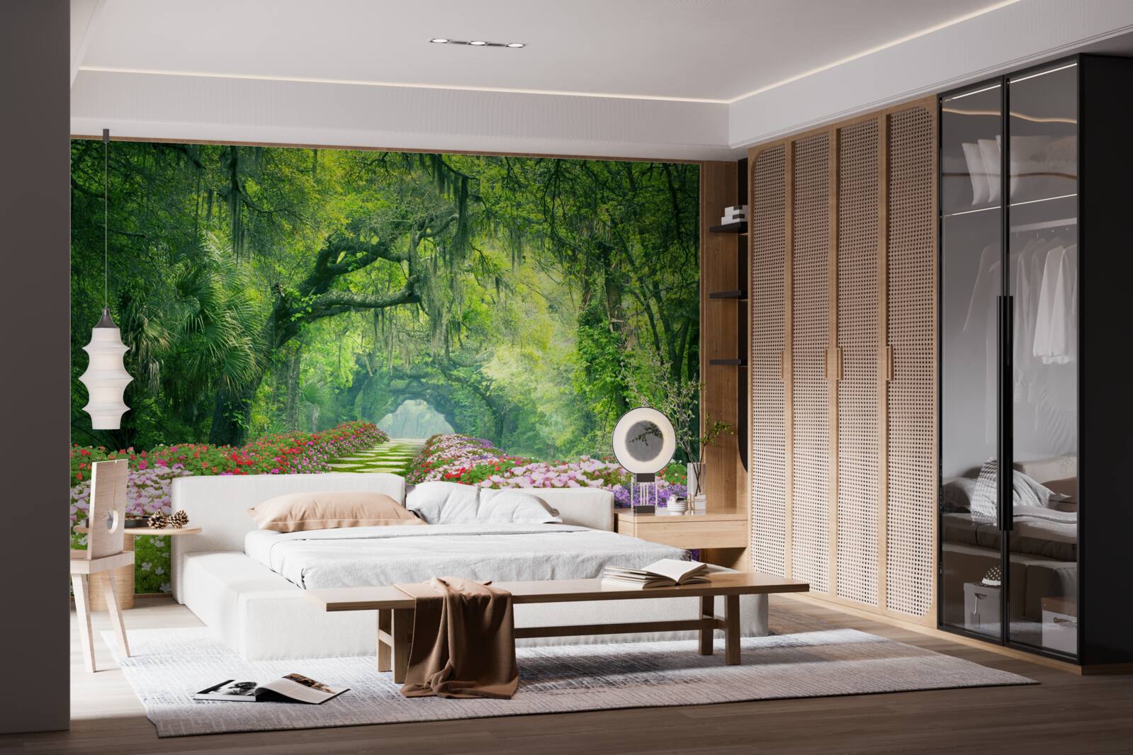 Papier peint Un sentier entouré de fleurs qui mène à un bosquet verdoyant.