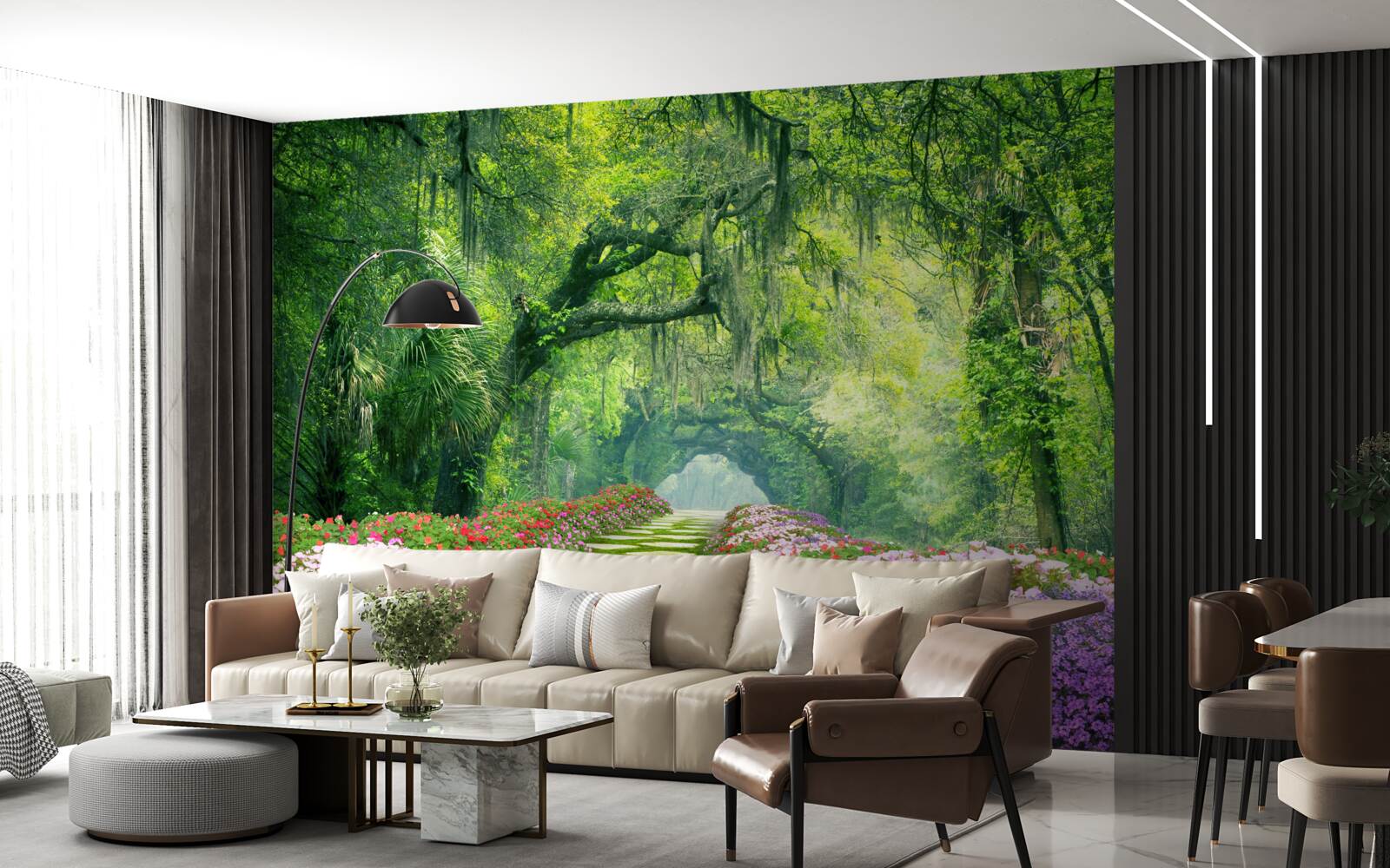 Papier peint Un sentier entouré de fleurs qui mène à un bosquet verdoyant.