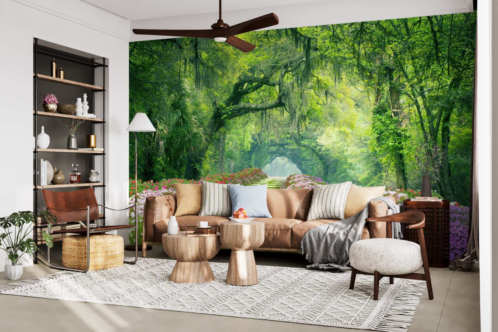 Papier peint Un sentier entouré de fleurs qui mène à un bosquet verdoyant.