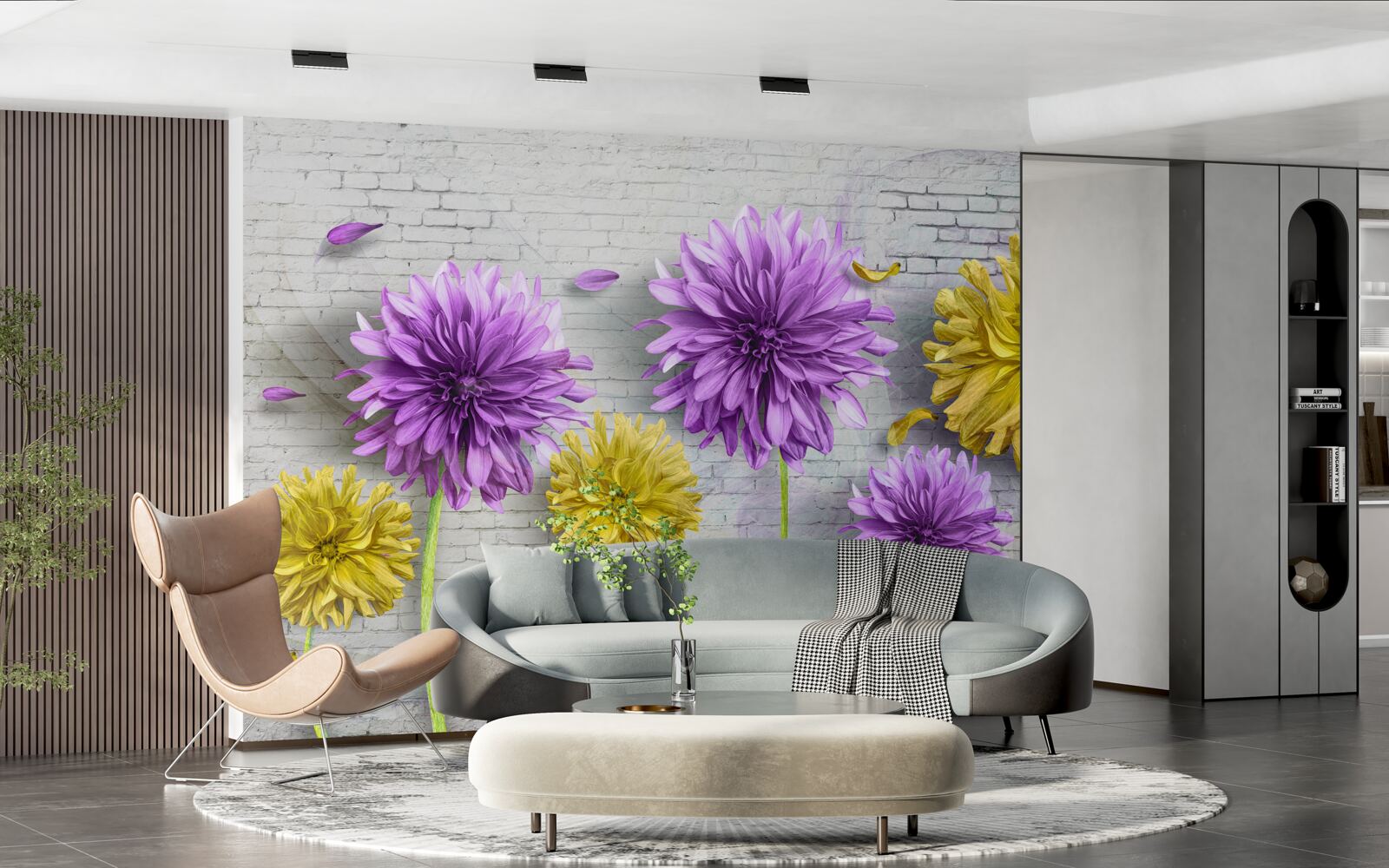 Papier peint des fleurs dans les tons de violet et de jaune s'épanouissent sur un mur de briques