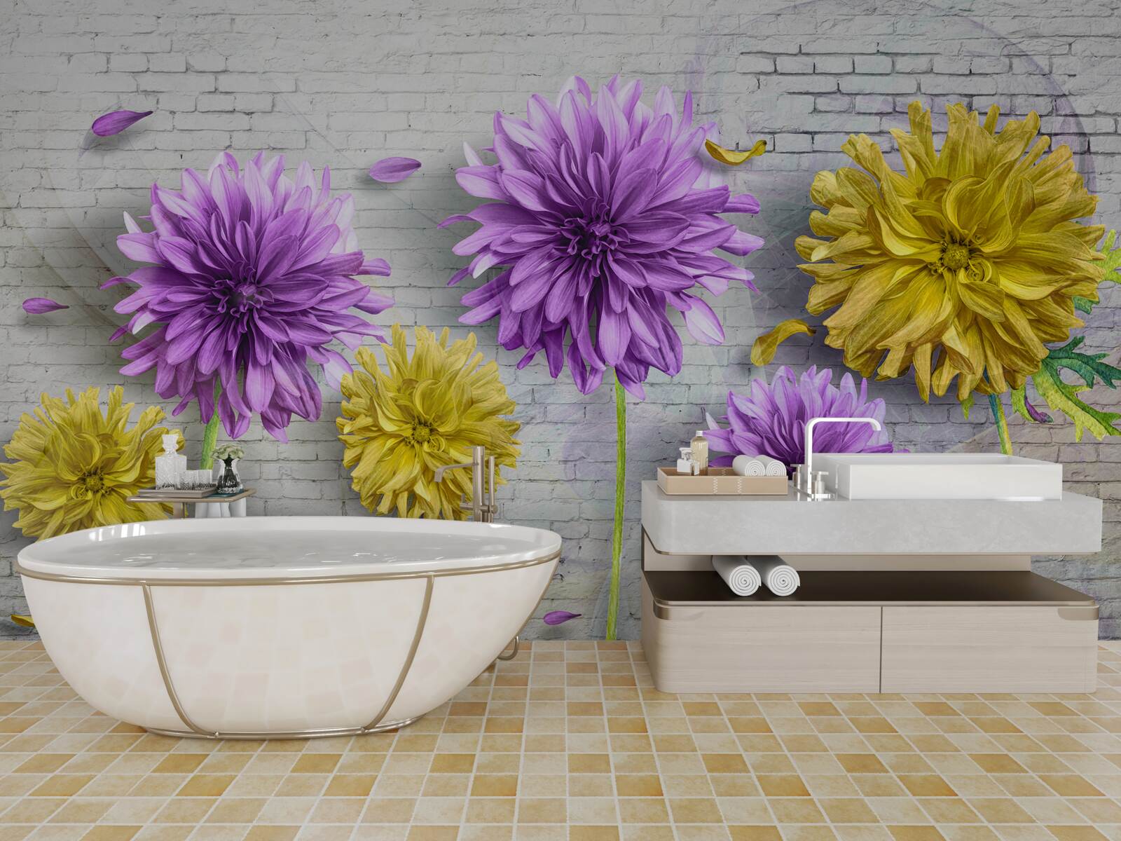 Papier peint des fleurs dans les tons de violet et de jaune s'épanouissent sur un mur de briques