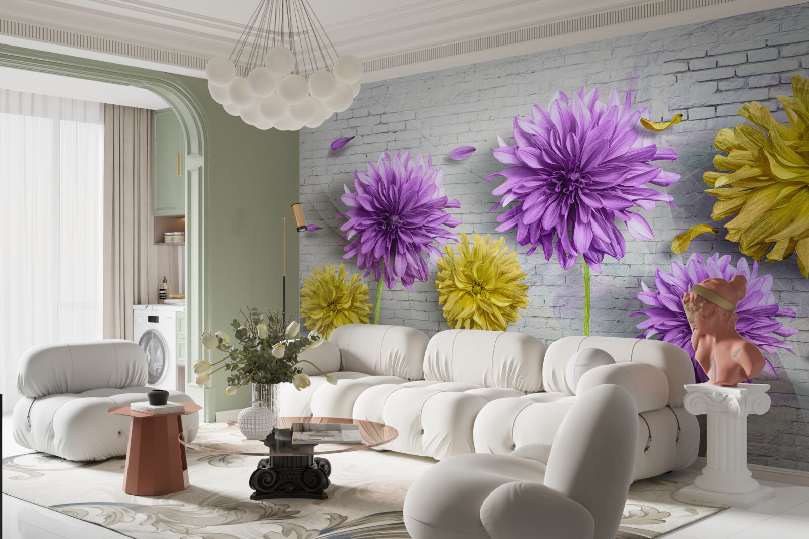 Papier peint des fleurs dans les tons de violet et de jaune s'épanouissent sur un mur de briques