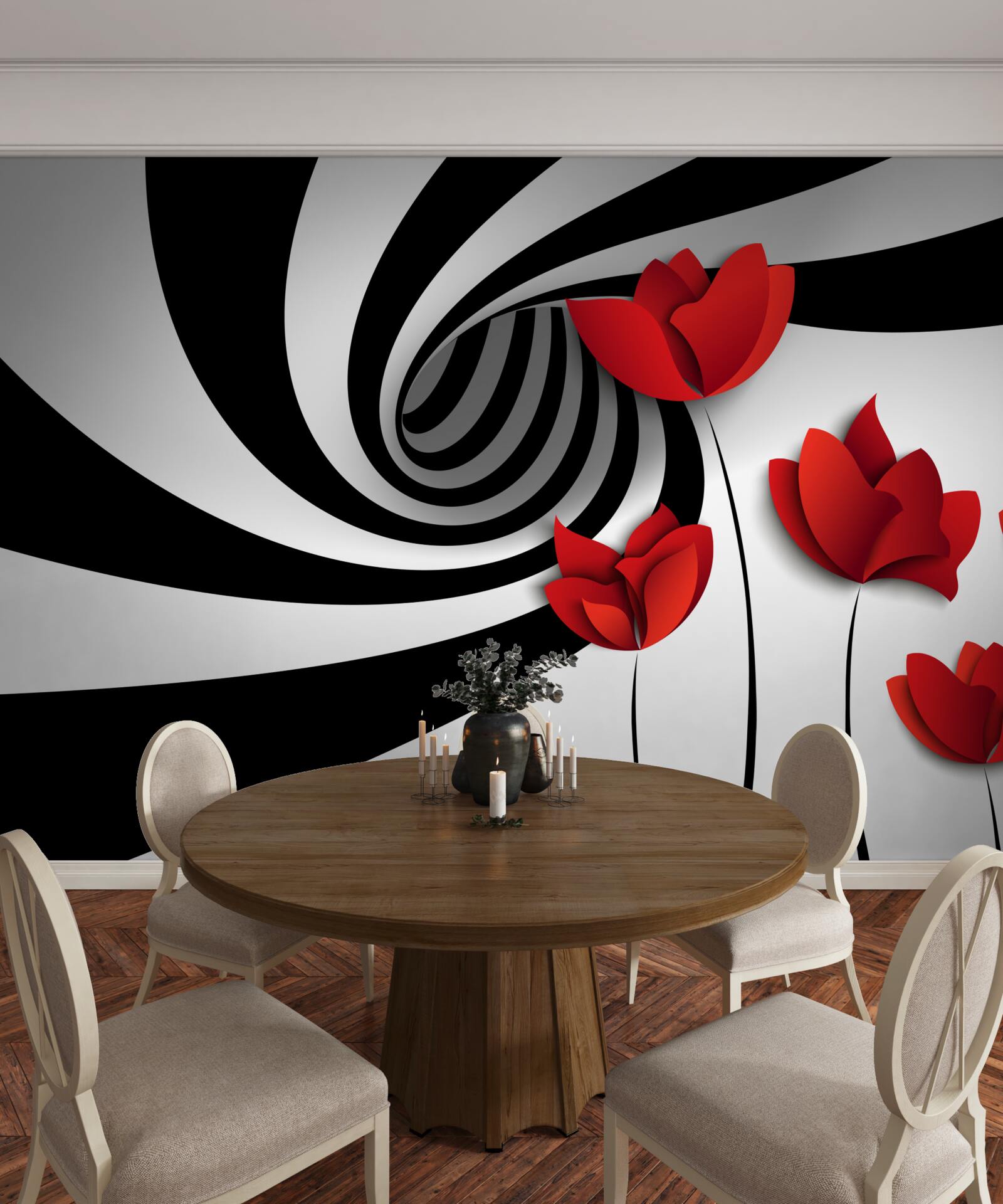 Papier peint un tunnel en noir et blanc et une clairière de coquelicots écarlates