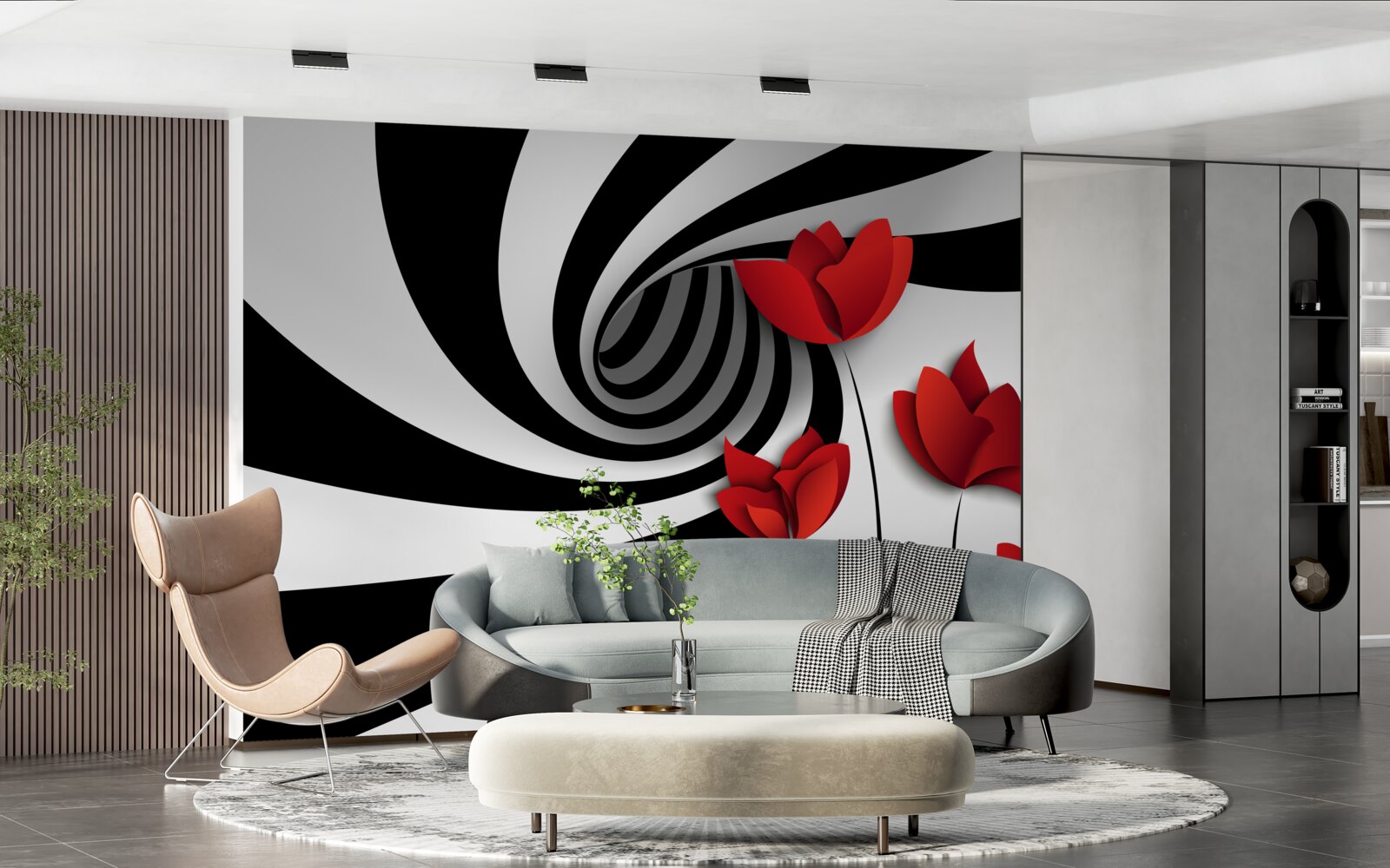 Papier peint un tunnel en noir et blanc et une clairière de coquelicots écarlates