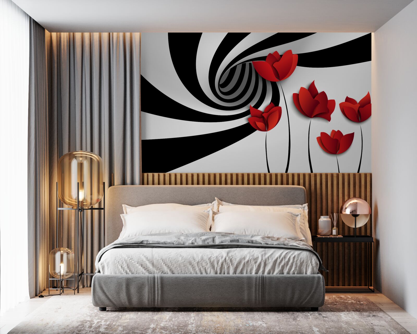 Papier peint un tunnel en noir et blanc et une clairière de coquelicots écarlates