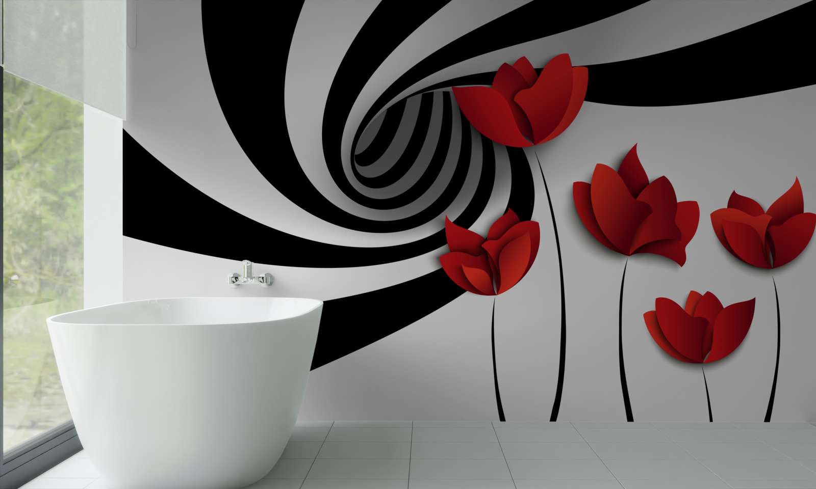 Papier peint un tunnel en noir et blanc et une clairière de coquelicots écarlates