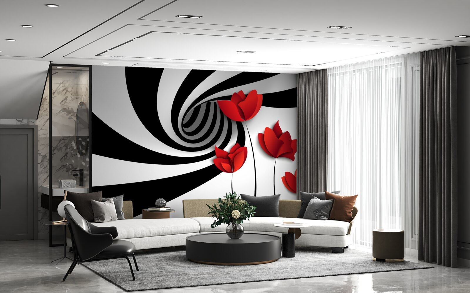 Papier peint un tunnel en noir et blanc et une clairière de coquelicots écarlates