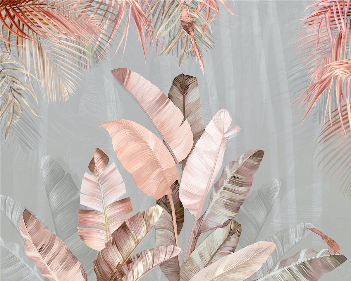 Papier peint feuilles tropicales d'un rose délicat