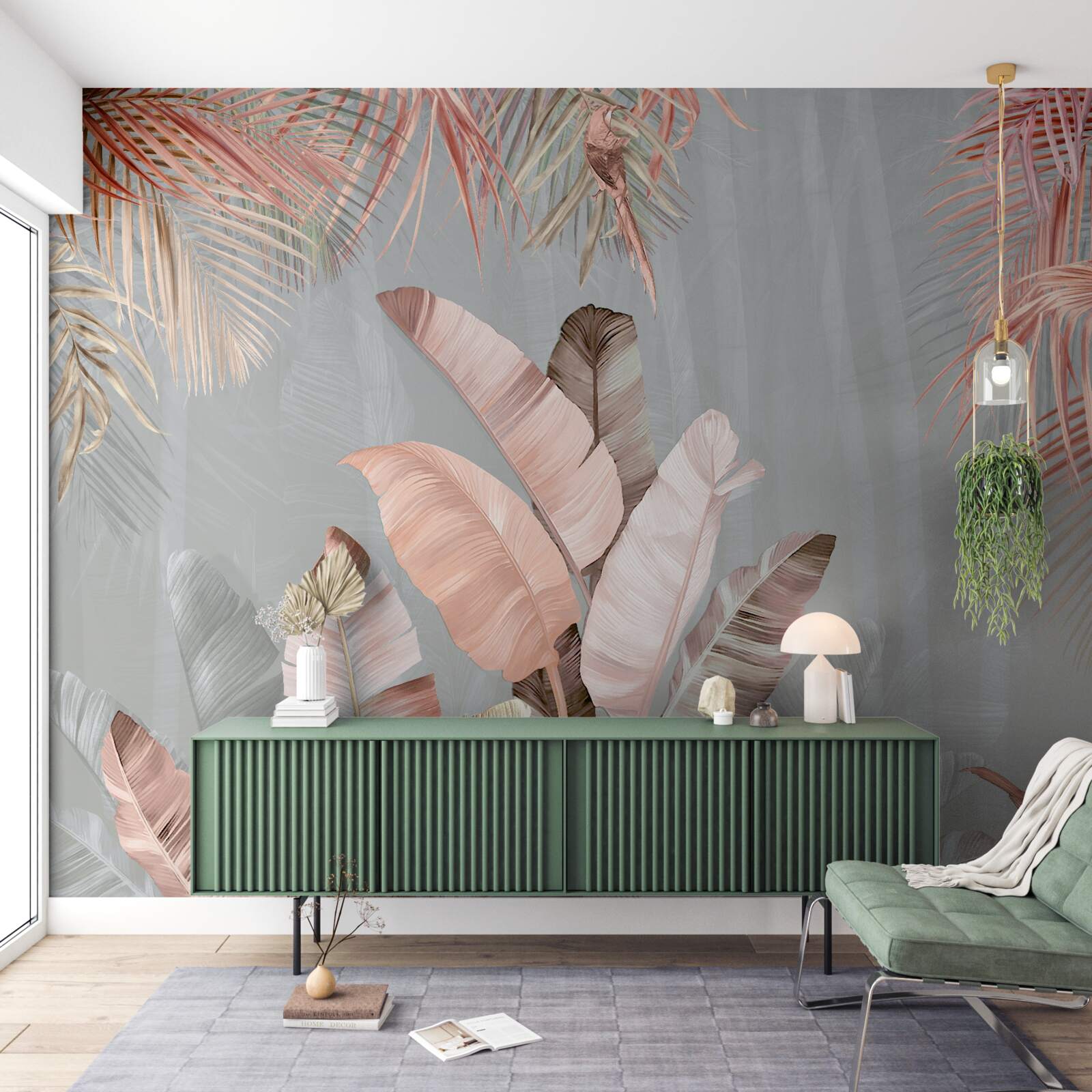 Papier peint feuilles tropicales d'un rose délicat