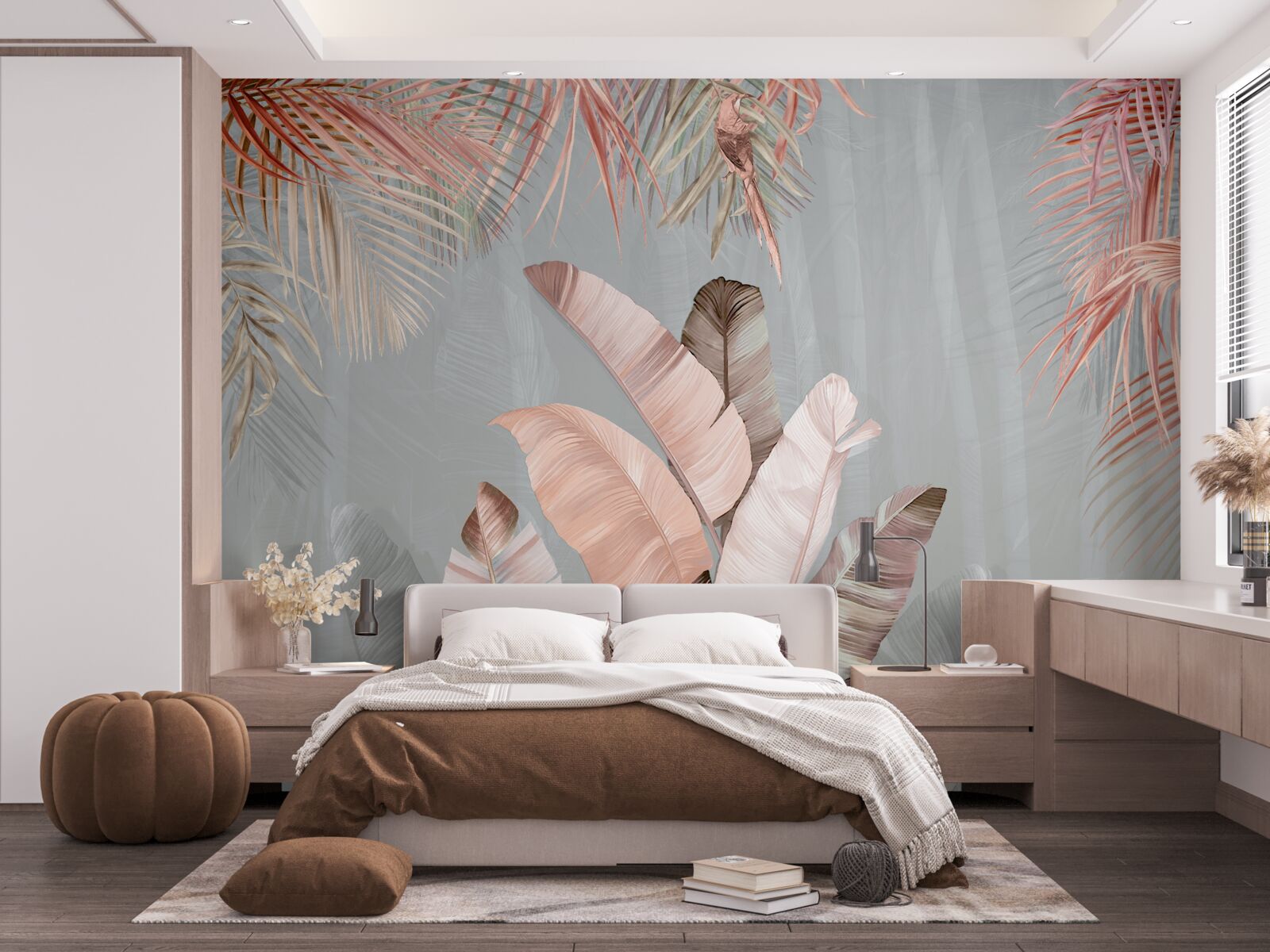 Papier peint feuilles tropicales d'un rose délicat