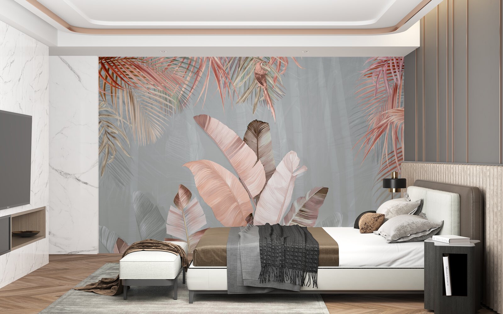 Papier peint feuilles tropicales d'un rose délicat