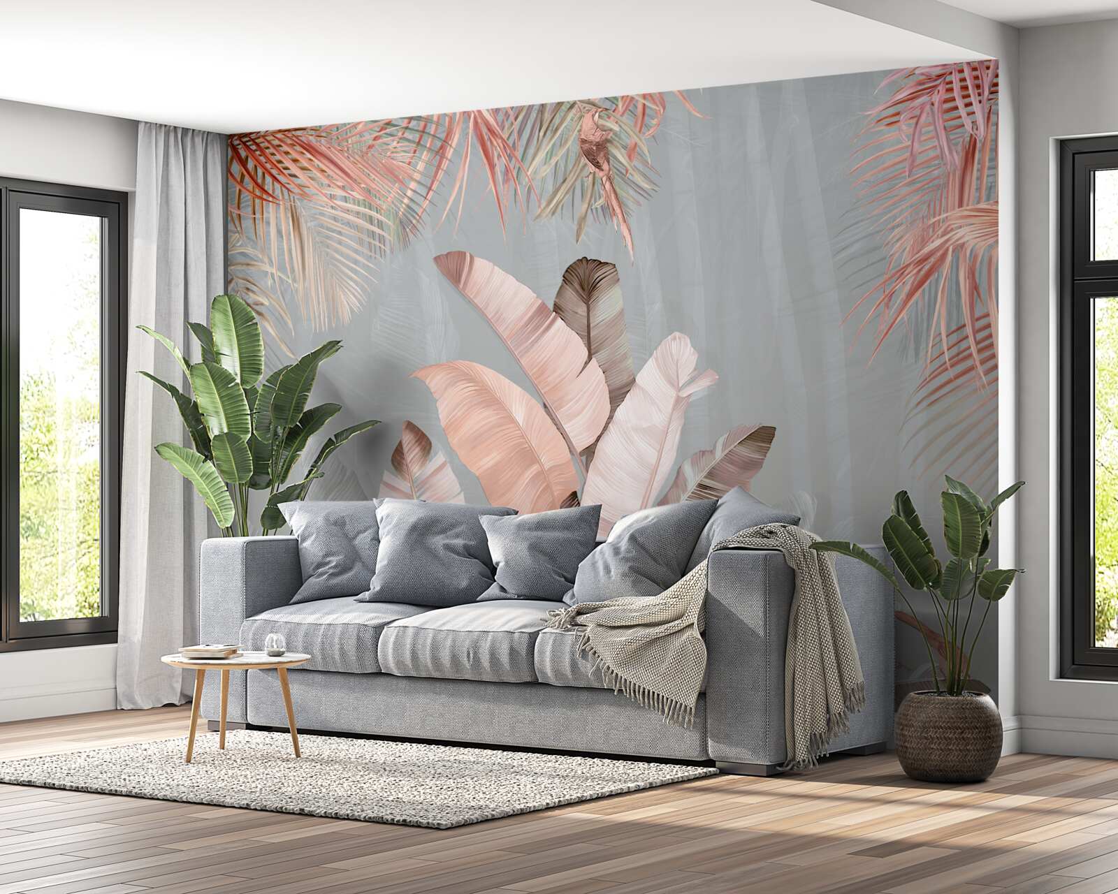 Papier peint feuilles tropicales d'un rose délicat