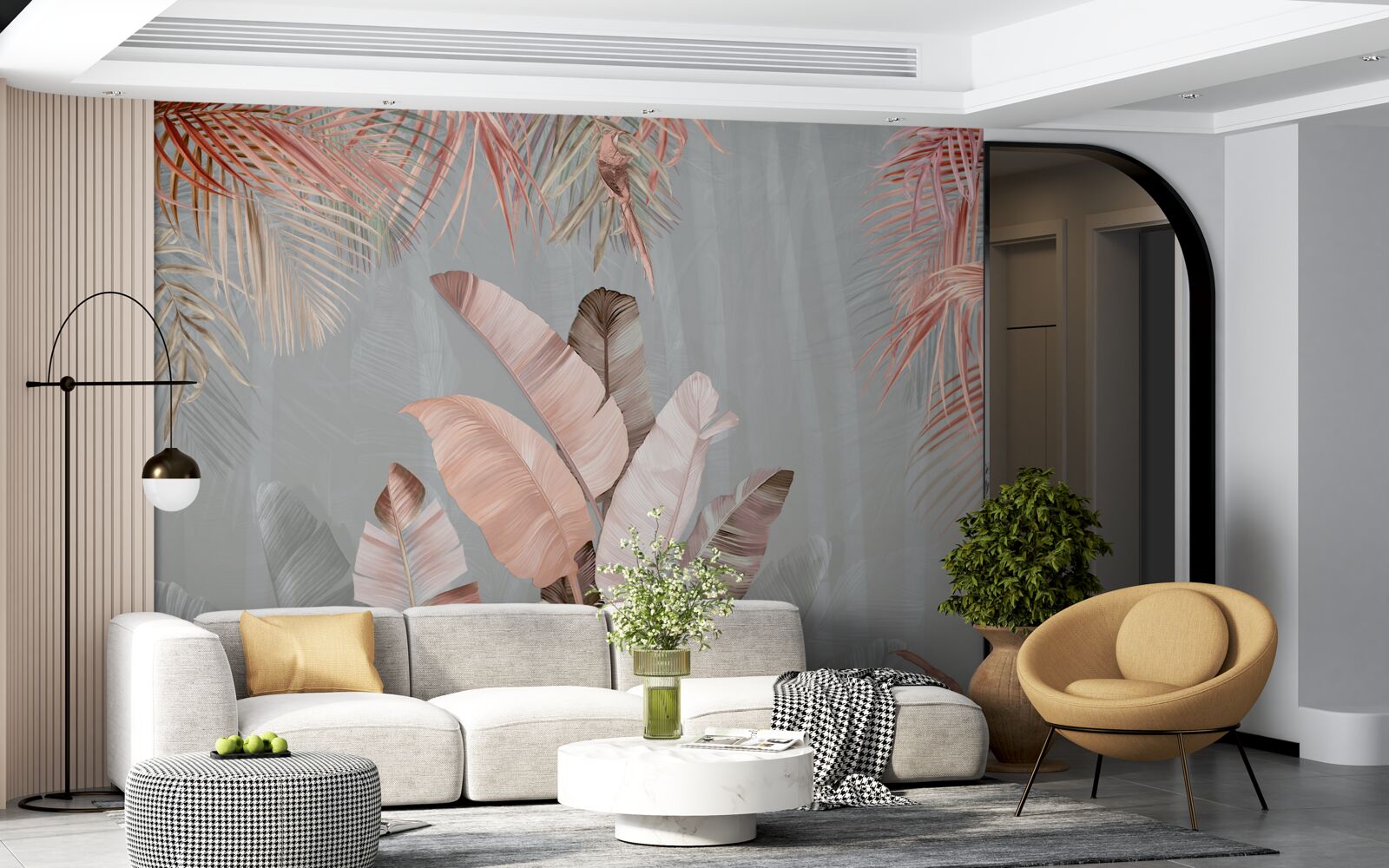 Papier peint feuilles tropicales d'un rose délicat