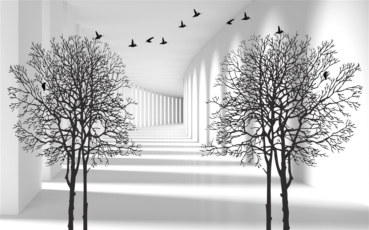 Papier peint oiseaux volant vers le sud et arbres dénudés en automne