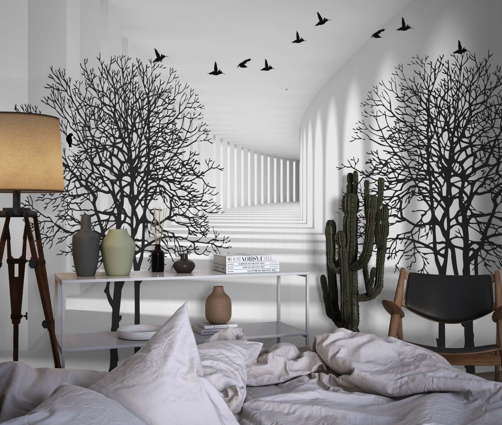 Papier peint oiseaux volant vers le sud et arbres dénudés en automne