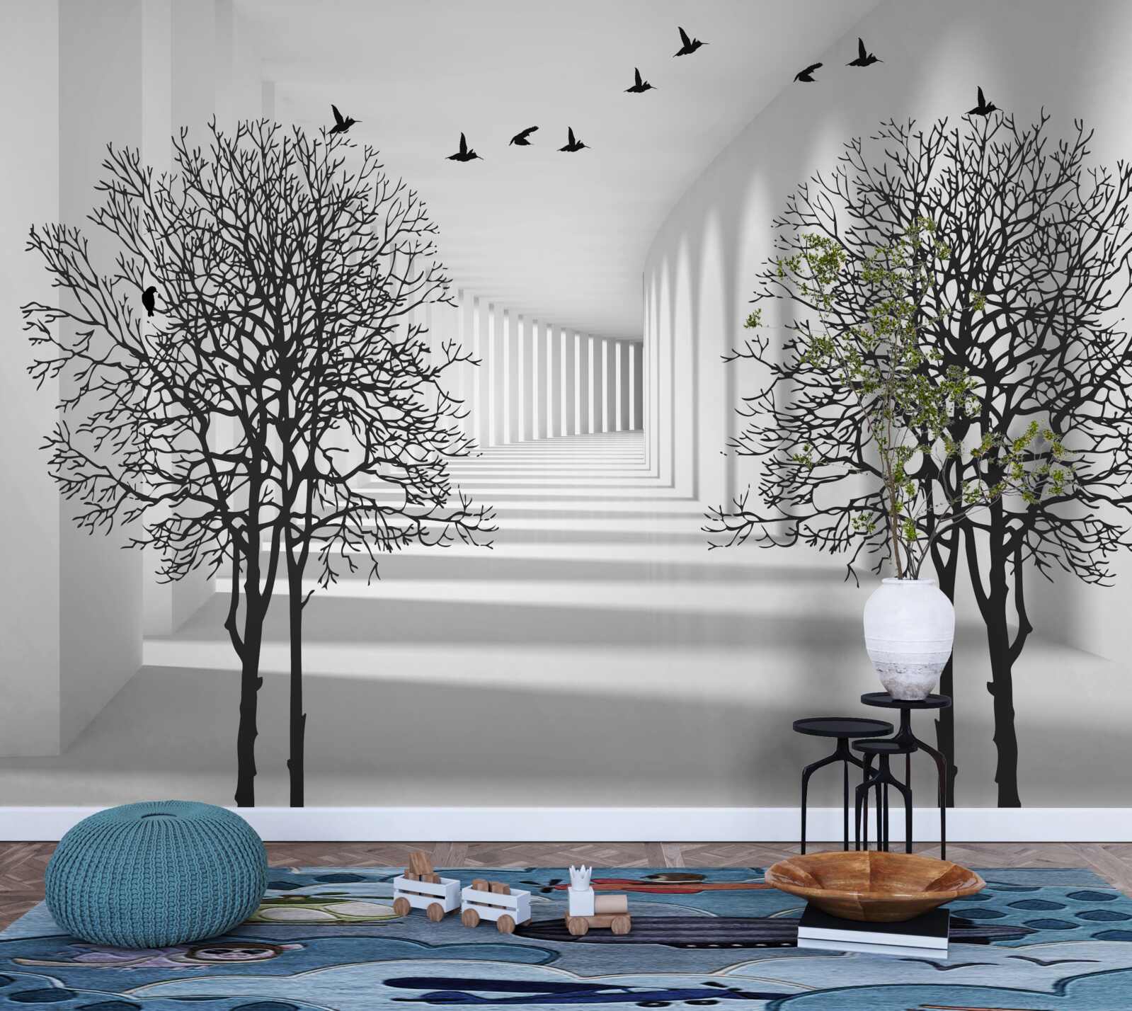 Papier peint oiseaux volant vers le sud et arbres dénudés en automne