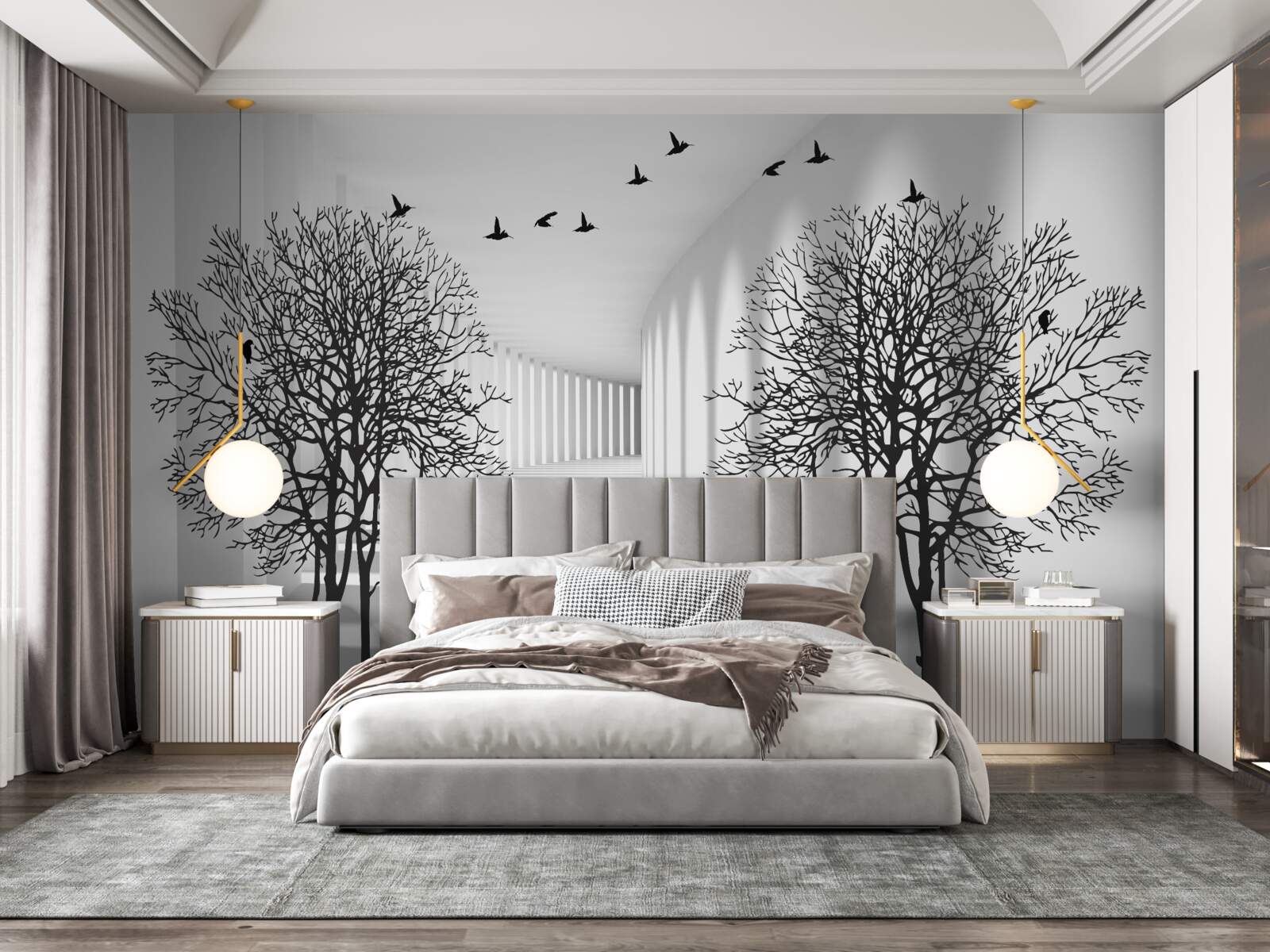 Papier peint oiseaux volant vers le sud et arbres dénudés en automne