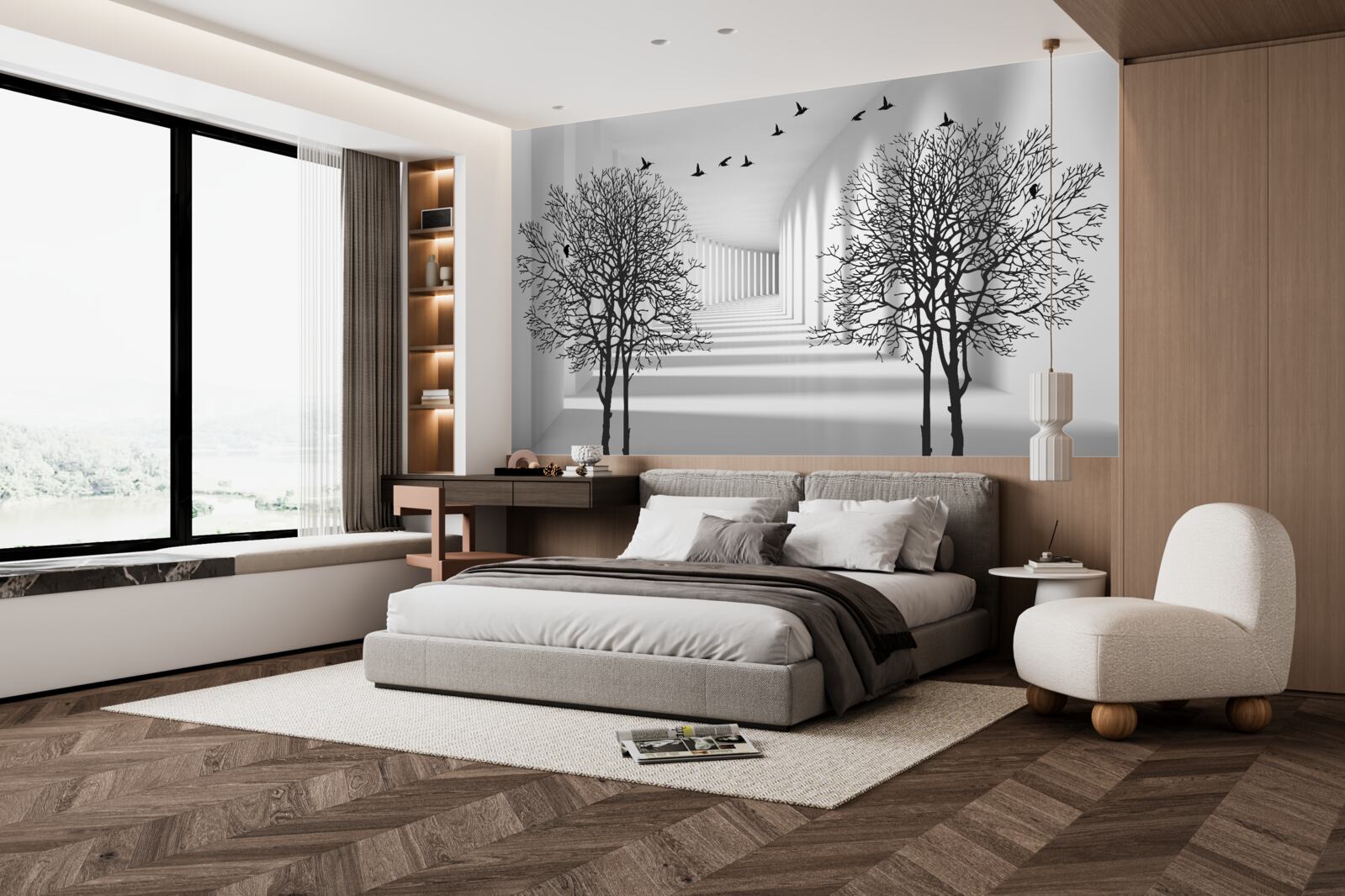 Papier peint oiseaux volant vers le sud et arbres dénudés en automne