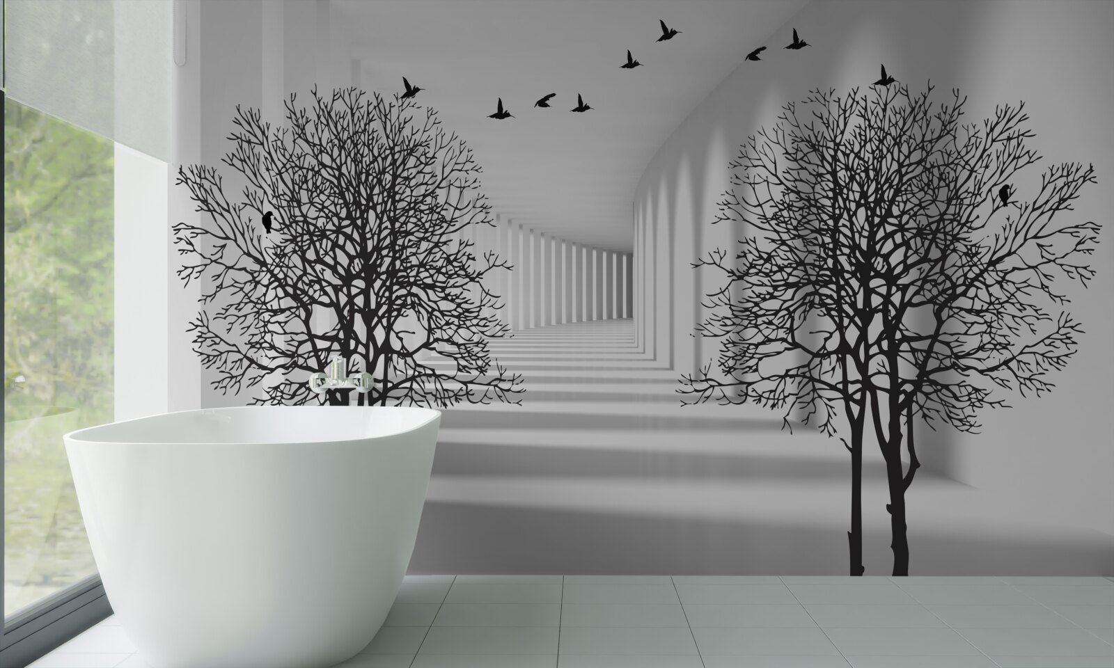 Papier peint oiseaux volant vers le sud et arbres dénudés en automne