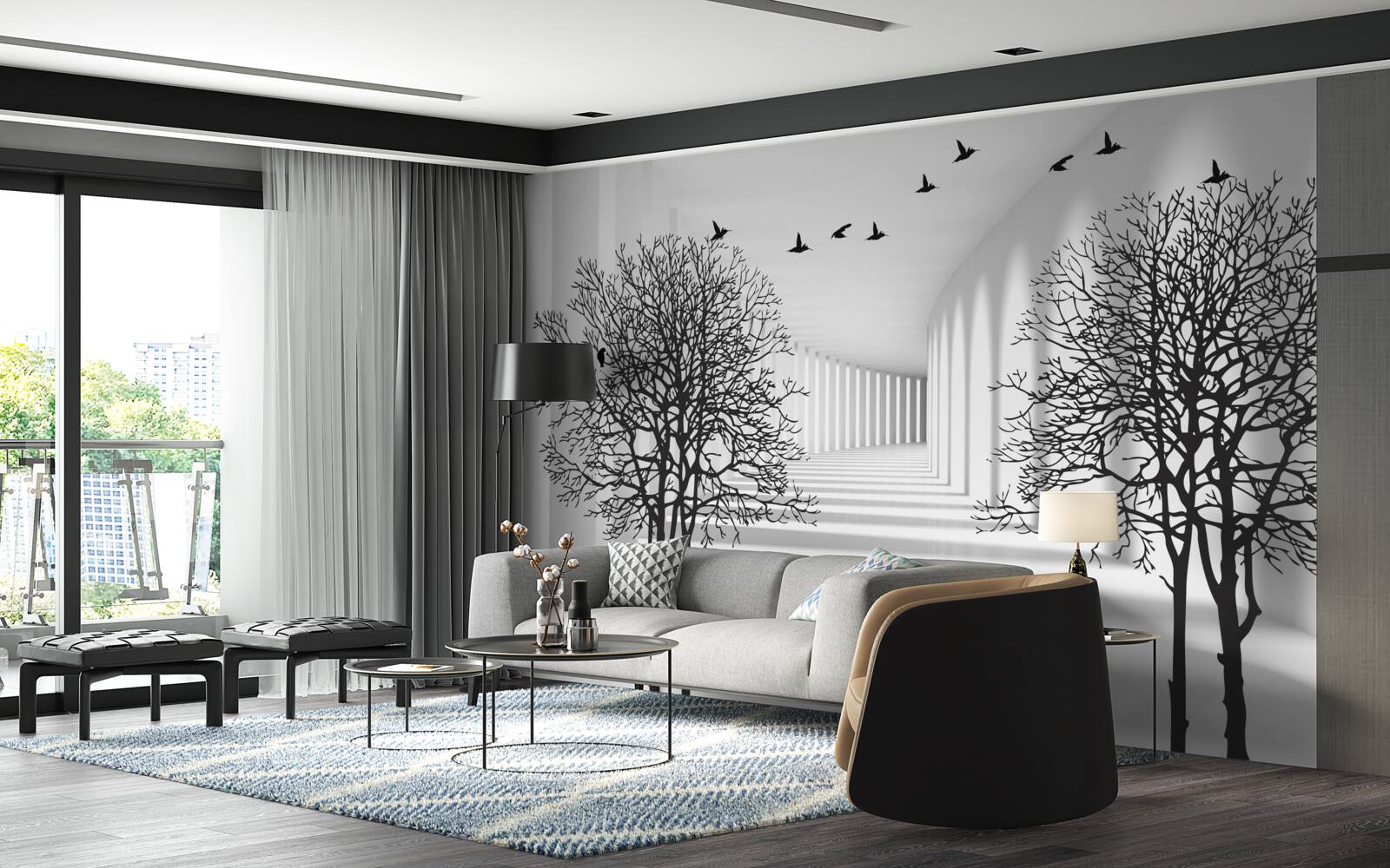 Papier peint oiseaux volant vers le sud et arbres dénudés en automne