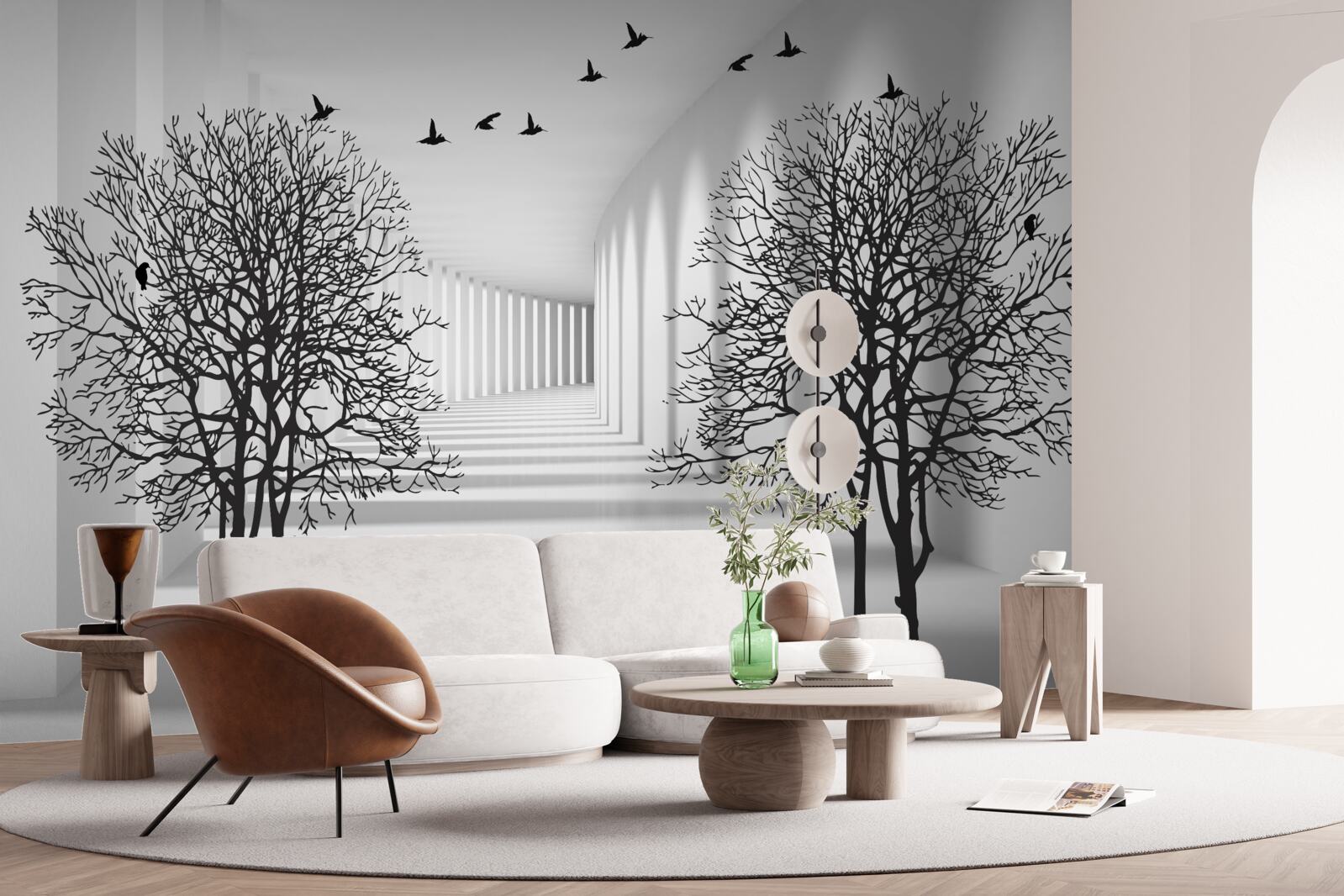 Papier peint oiseaux volant vers le sud et arbres dénudés en automne