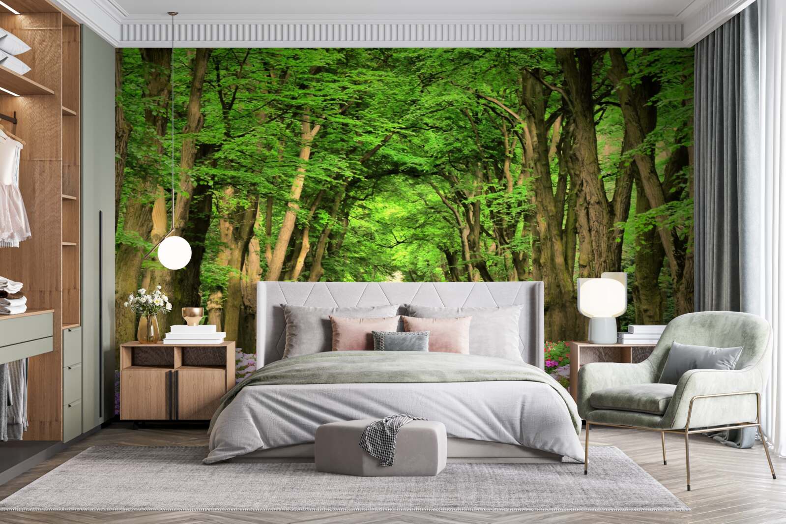 Papier peint chemin confortable à travers la forêt verte de maquis