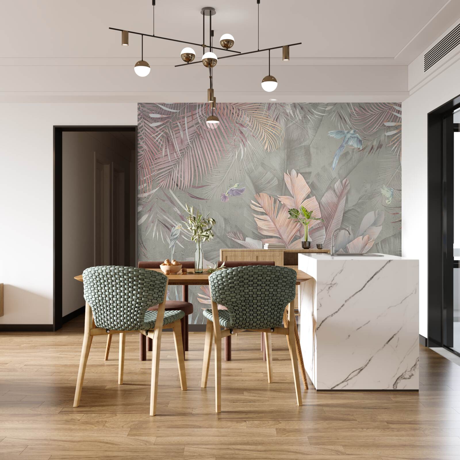 Papier peint tropicales avec une teinte rose délicate