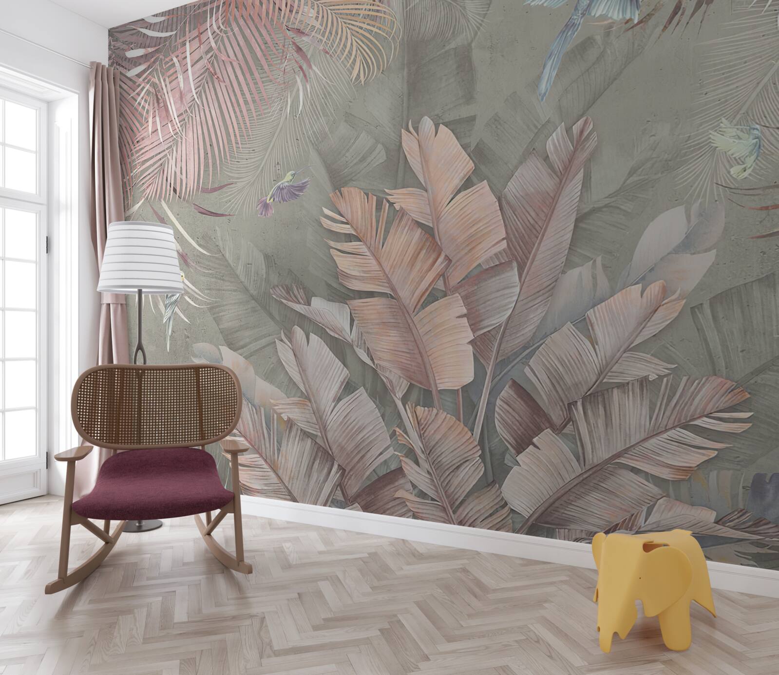 Papier peint tropicales avec une teinte rose délicate