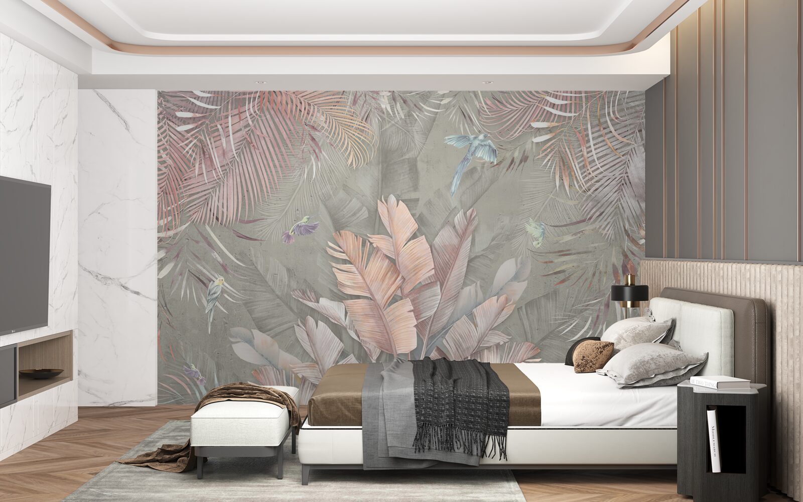 Papier peint tropicales avec une teinte rose délicate