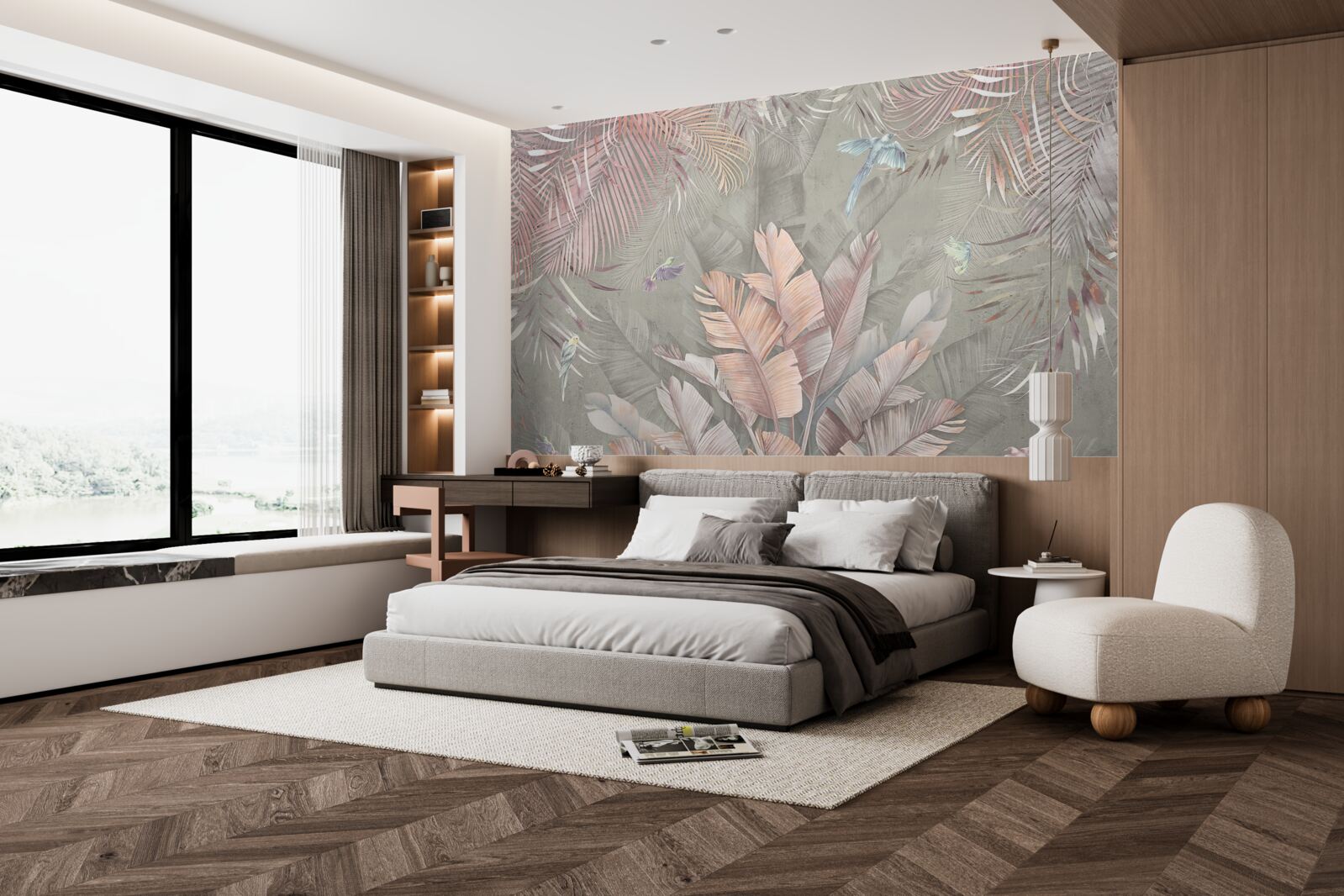 Papier peint tropicales avec une teinte rose délicate