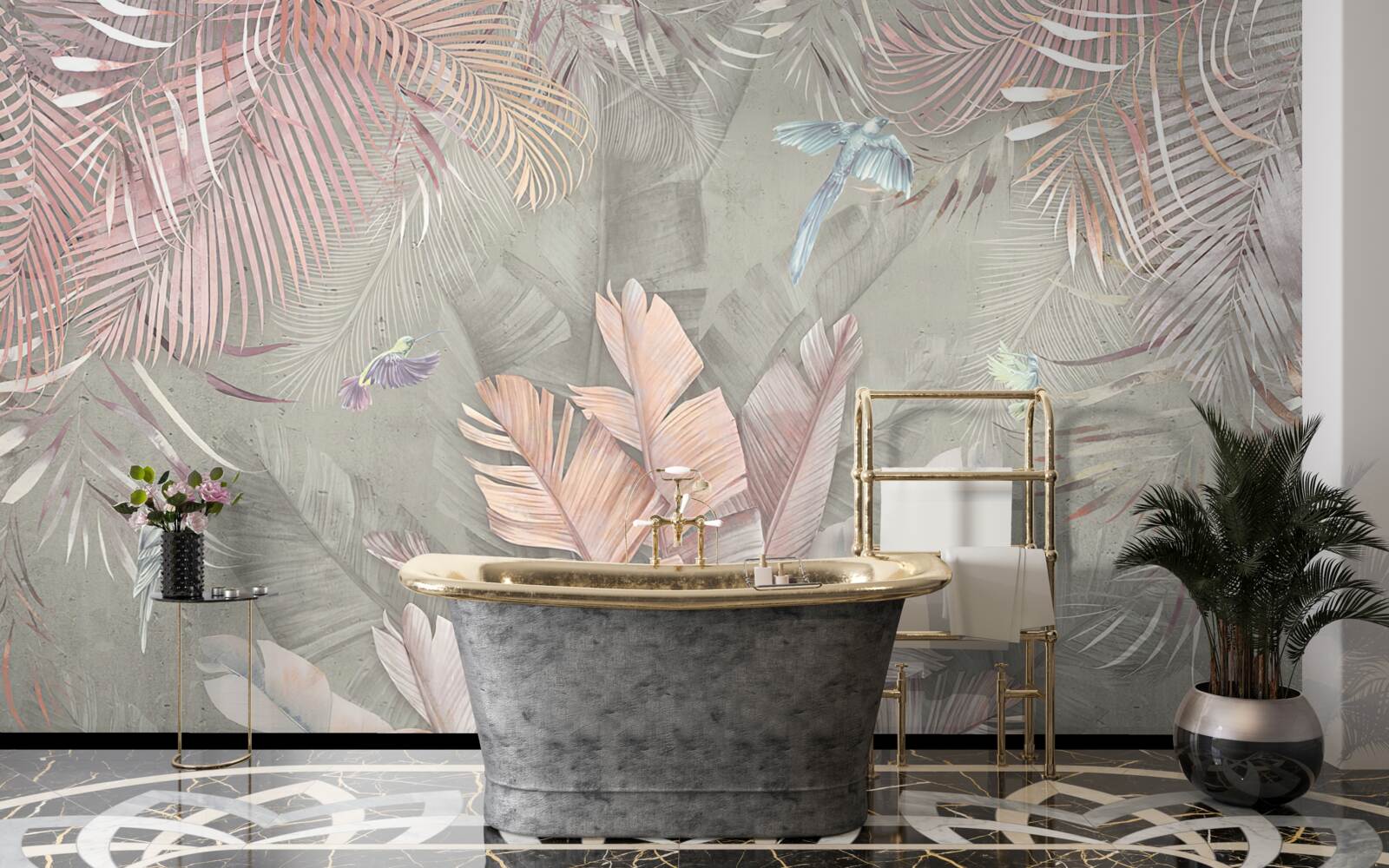 Papier peint tropicales avec une teinte rose délicate