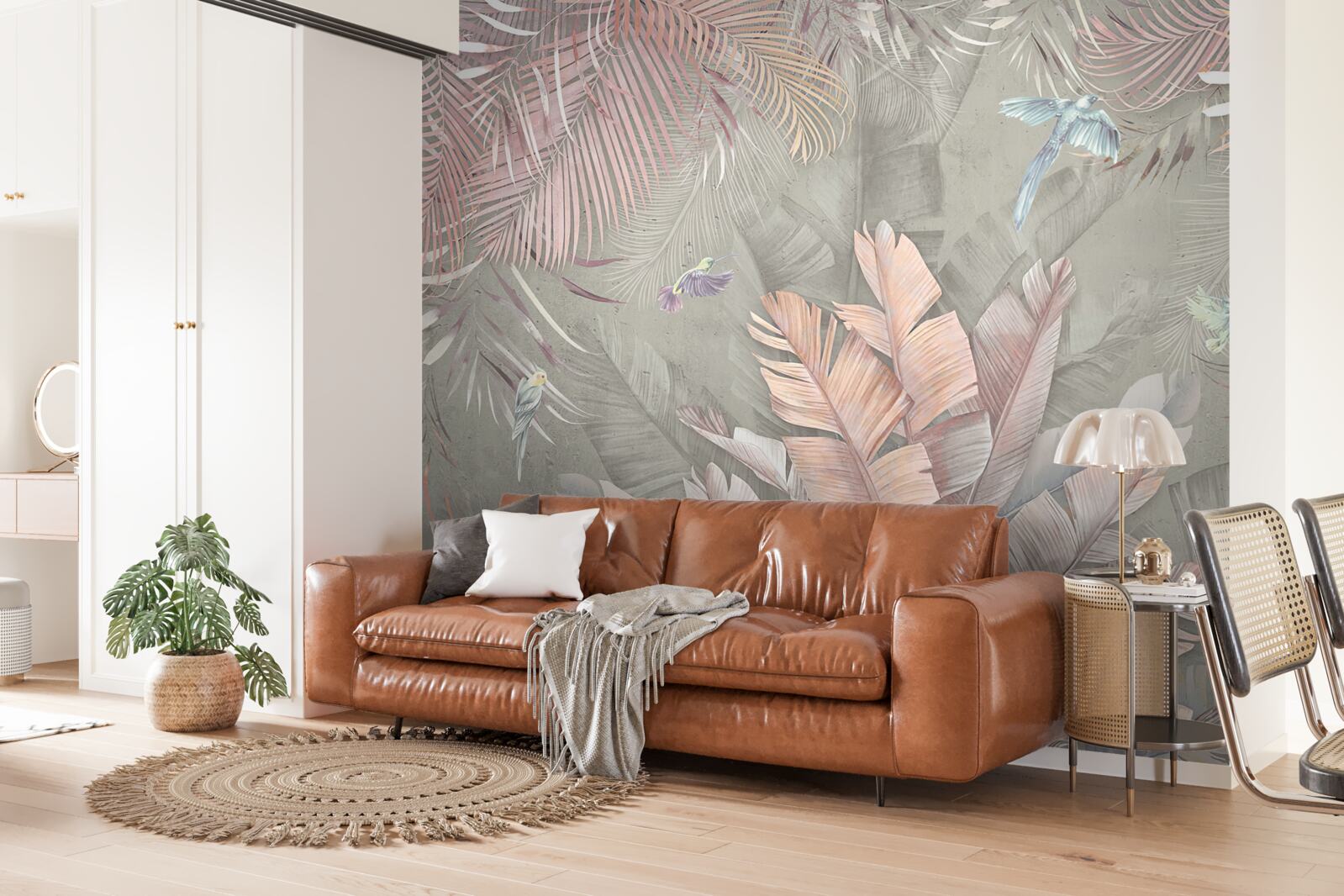 Papier peint tropicales avec une teinte rose délicate