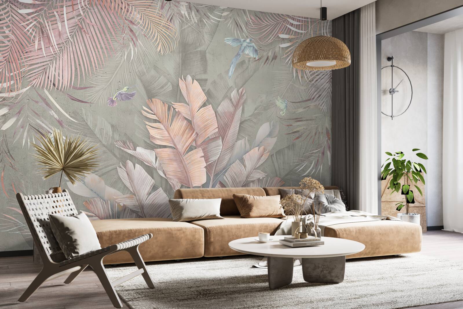 Papier peint tropicales avec une teinte rose délicate