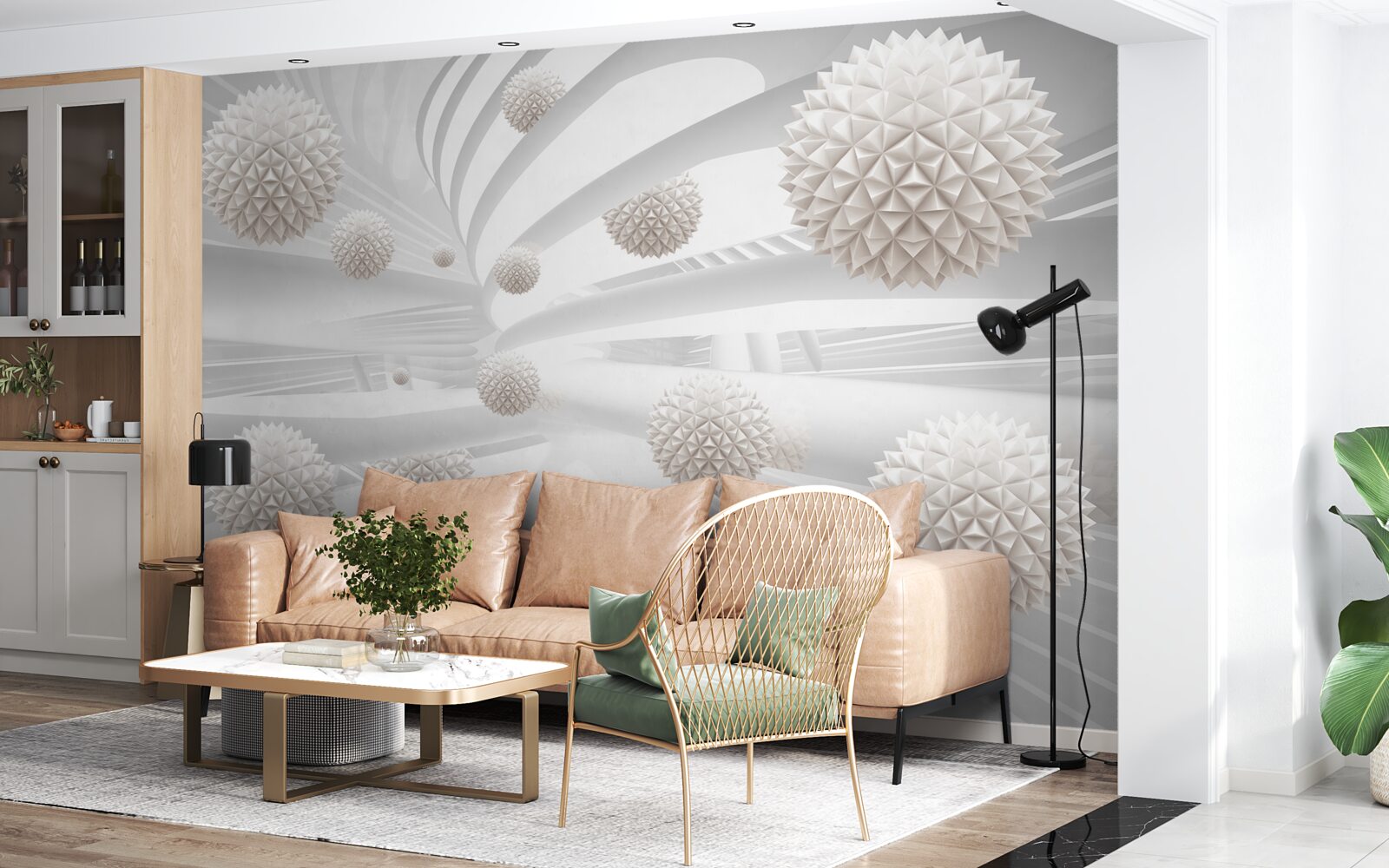 Papier peint boules pointues volant dans un tube