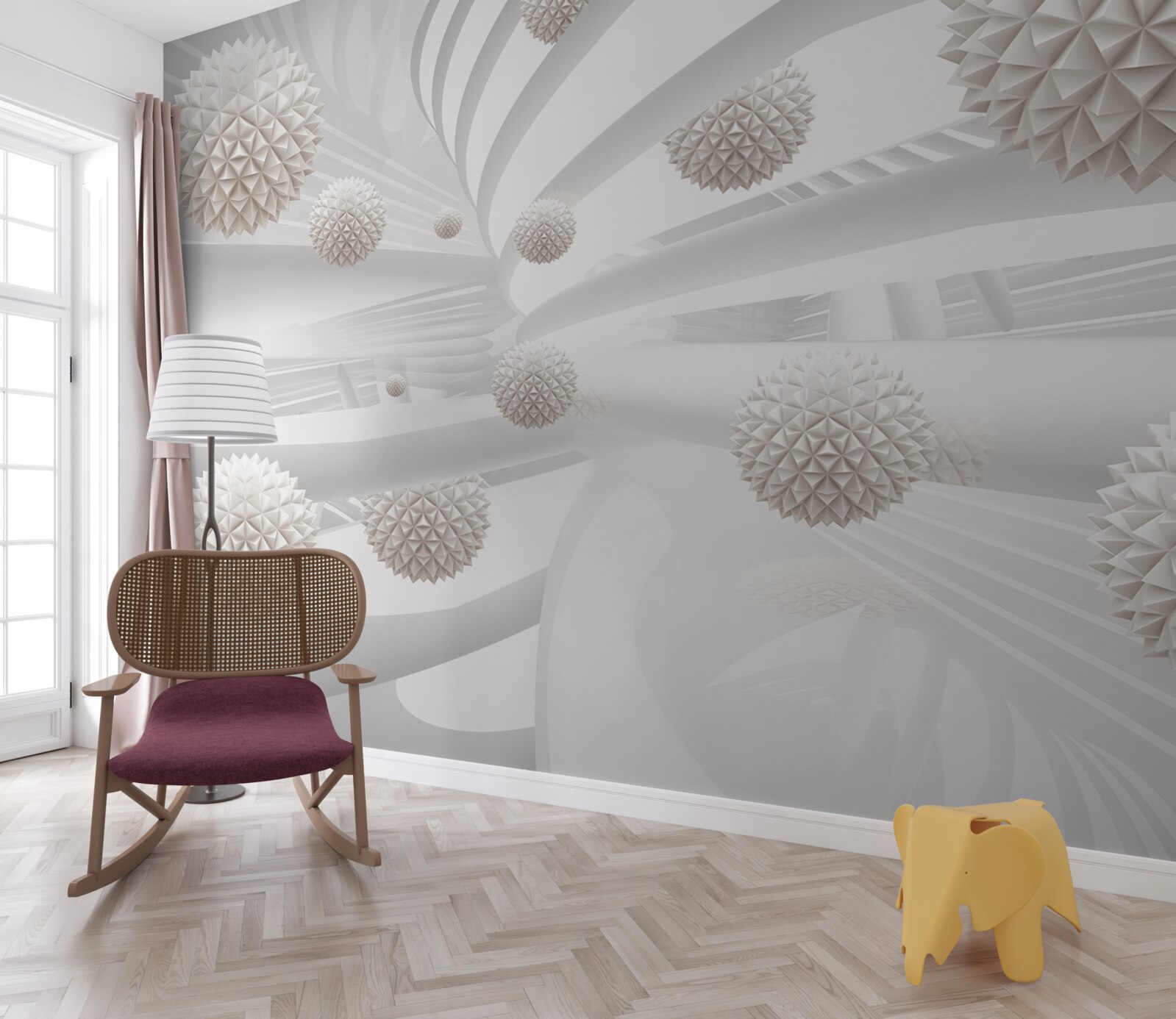 Papier peint boules pointues volant dans un tube