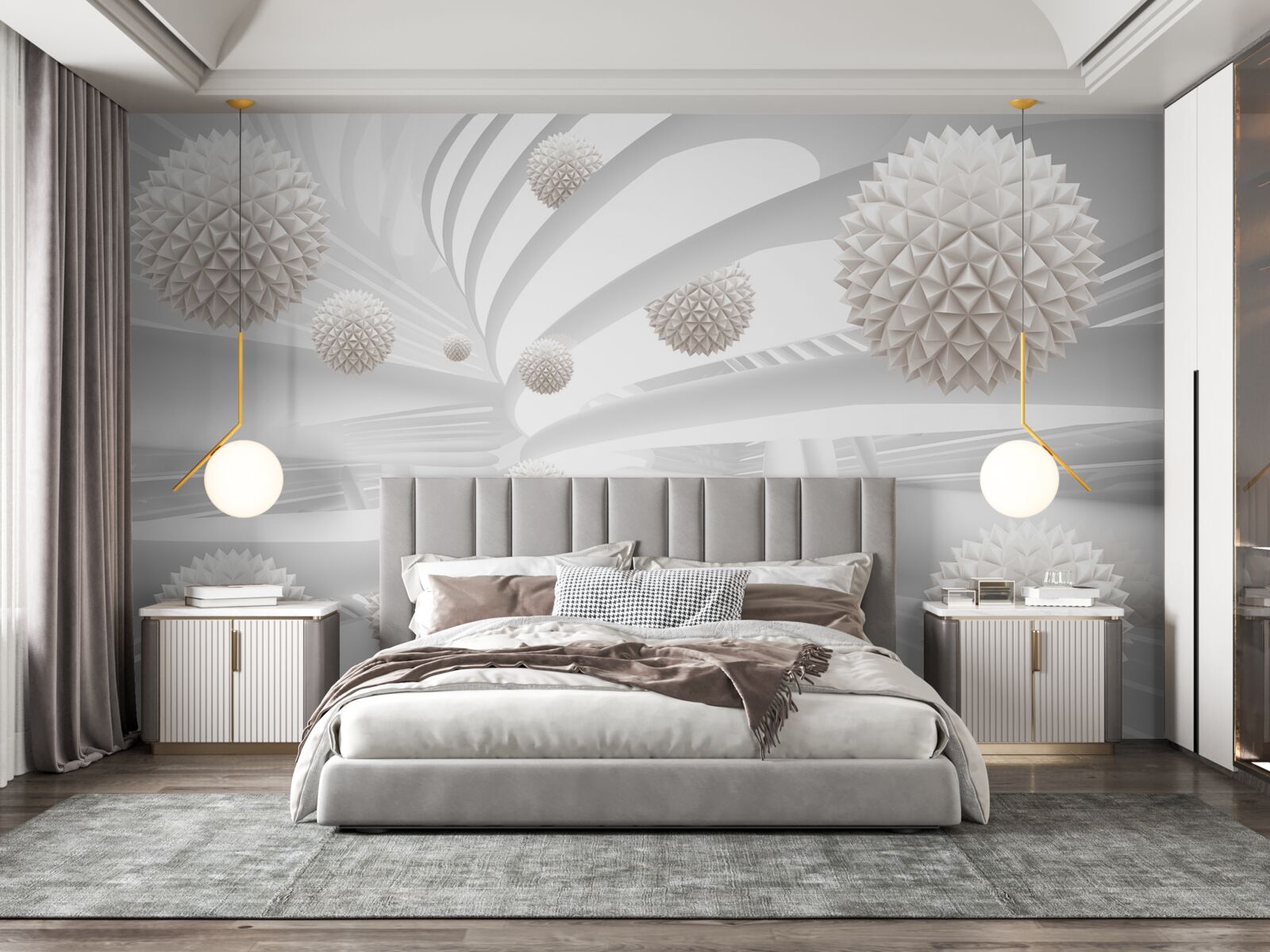 Papier peint boules pointues volant dans un tube