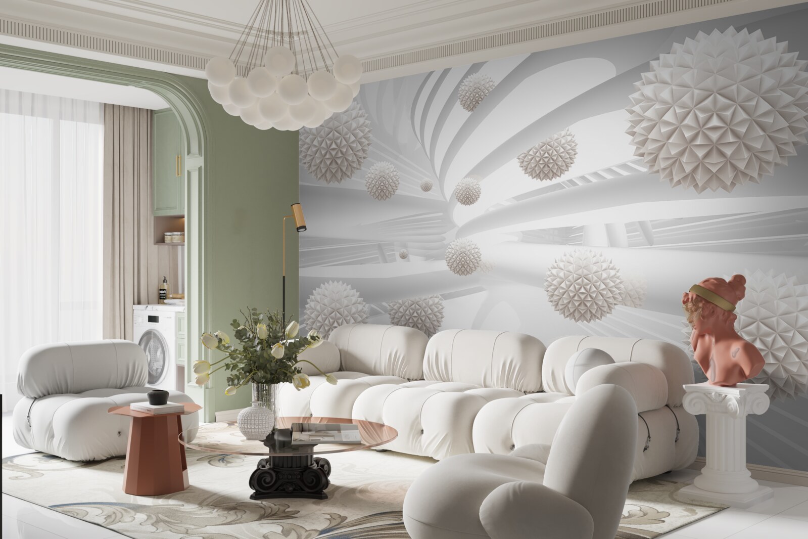 Papier peint boules pointues volant dans un tube