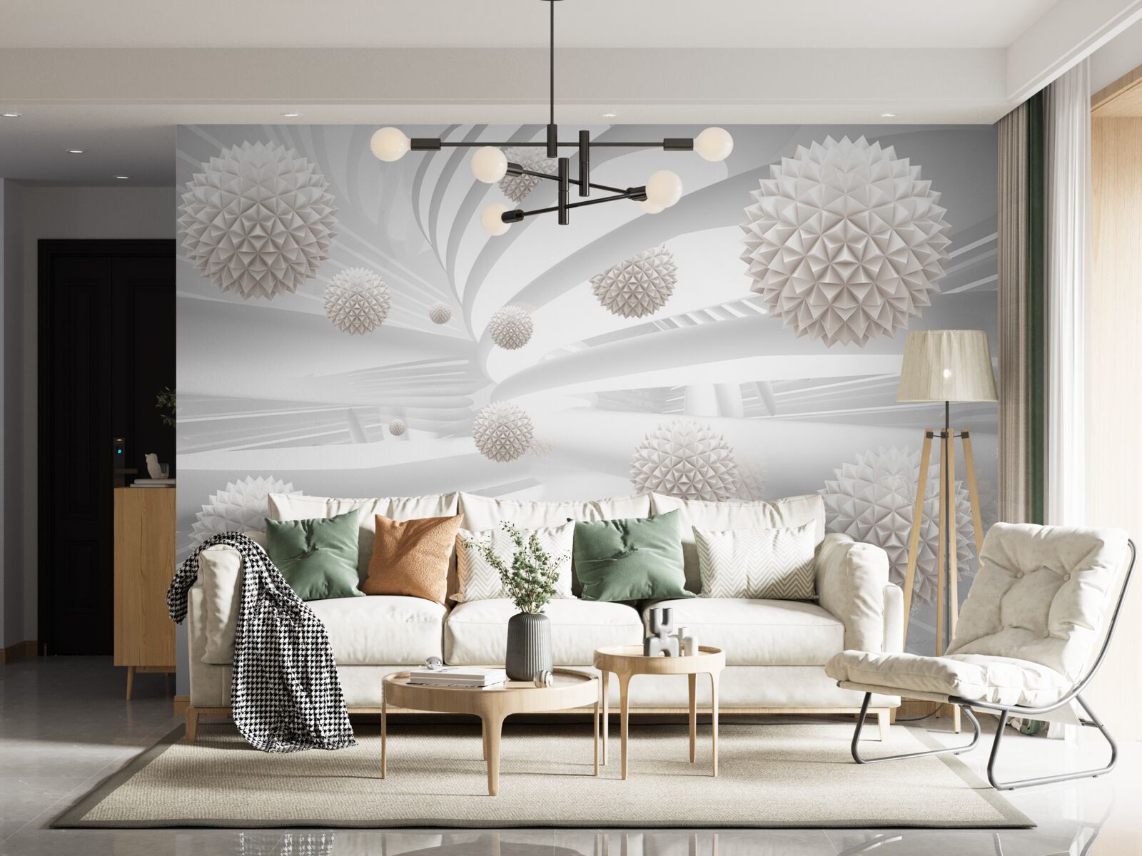 Papier peint boules pointues volant dans un tube